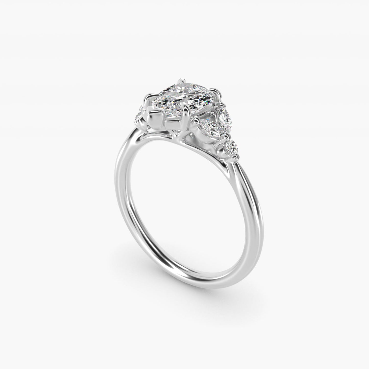 Floral Marquise Diamond Engagement Ring in 18k White Gold - Pear Center