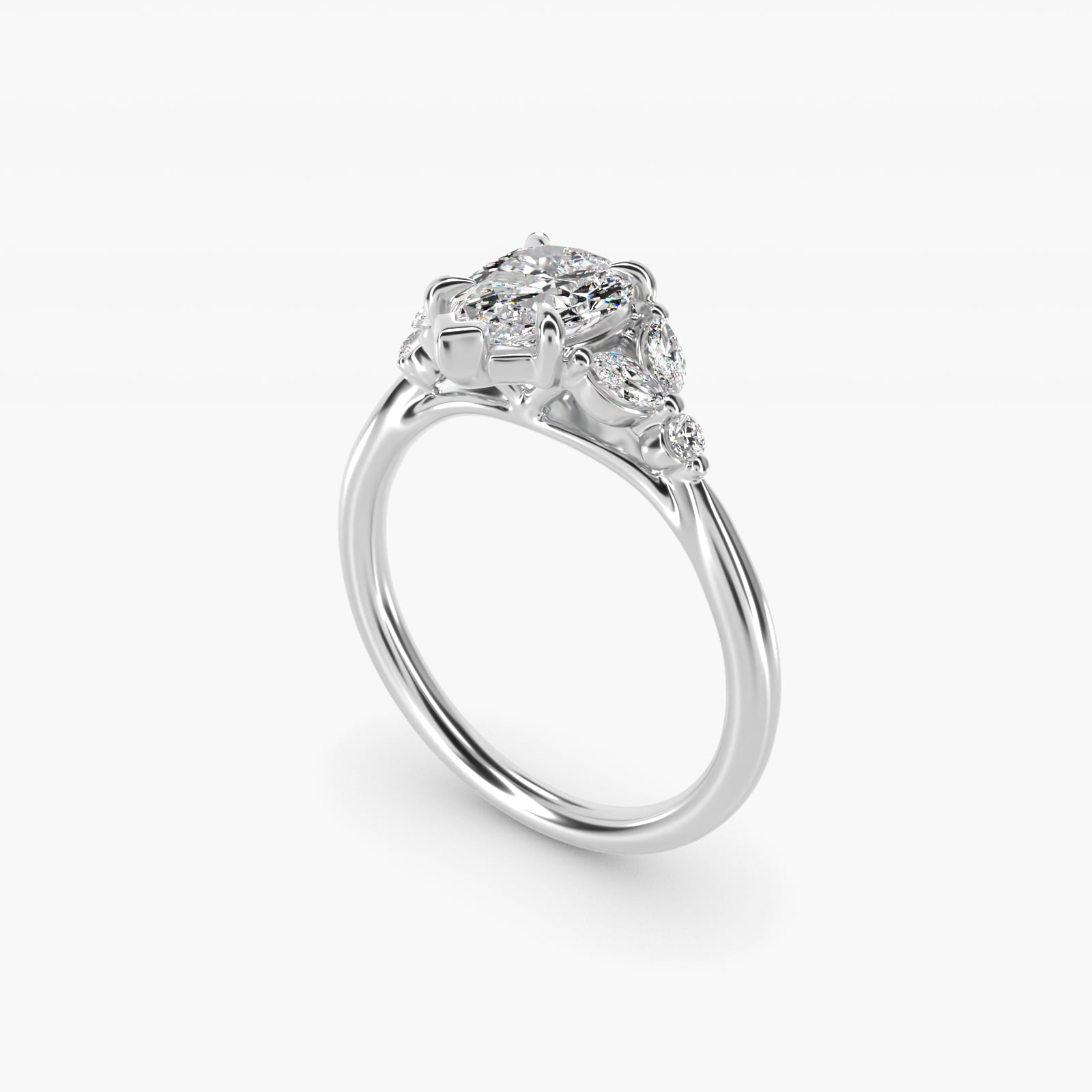 Floral Marquise Diamond Engagement Ring in 18k White Gold - Pear Center