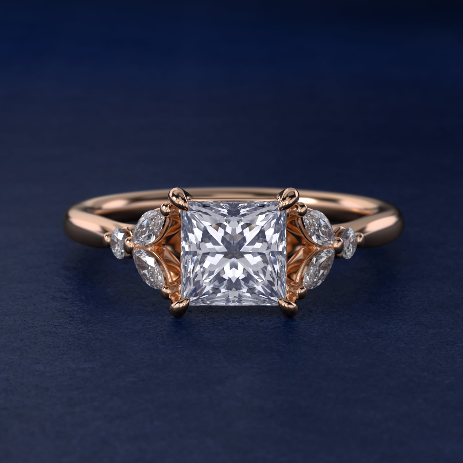 Floral Marquise Diamond Engagement Ring in 18k Rose Gold - Princess Center