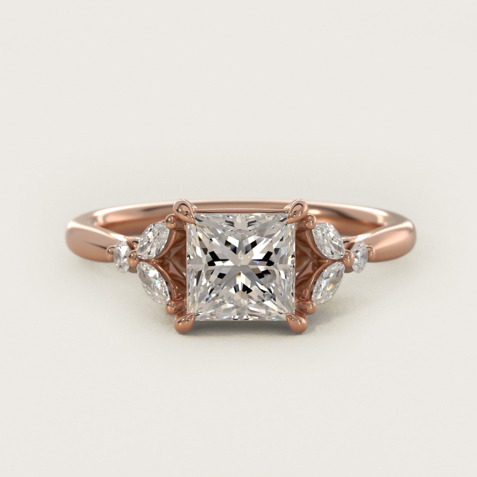 Floral Marquise Diamond Engagement Ring in 18k Rose Gold - Princess Center