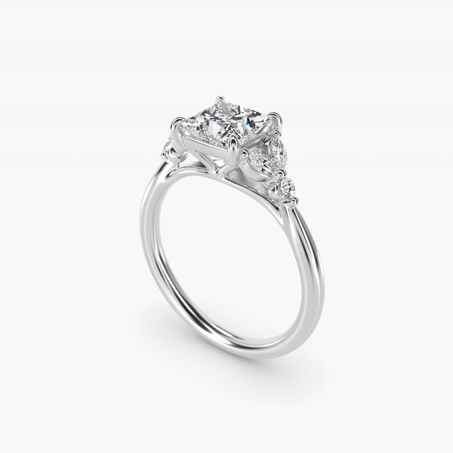 Floral Marquise Diamond Engagement Ring in 14k White Gold - Princess Center