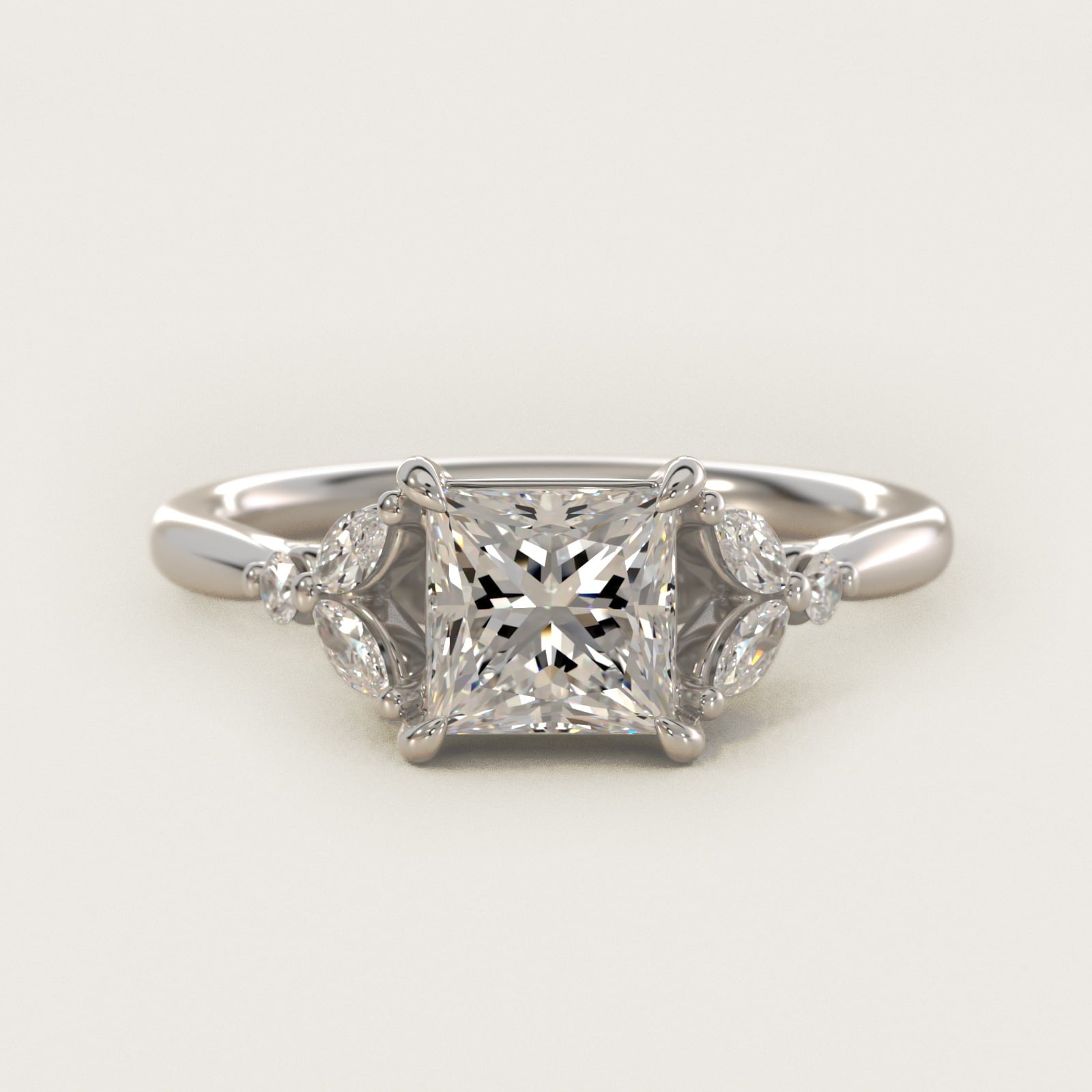 Floral Marquise Diamond Engagement Ring in 18k White Gold - Princess Center