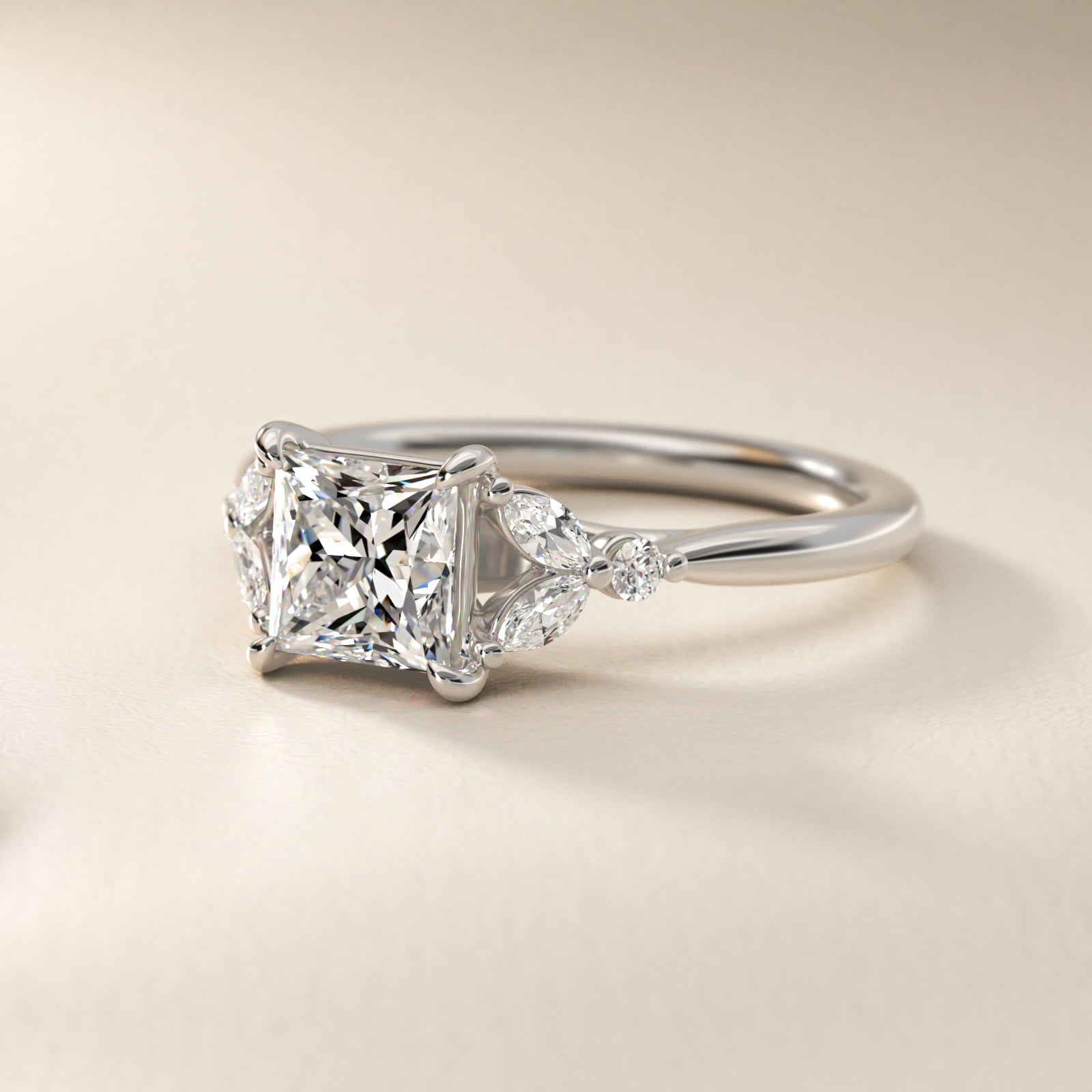Floral Marquise Diamond Engagement Ring in 18k White Gold - Princess Center