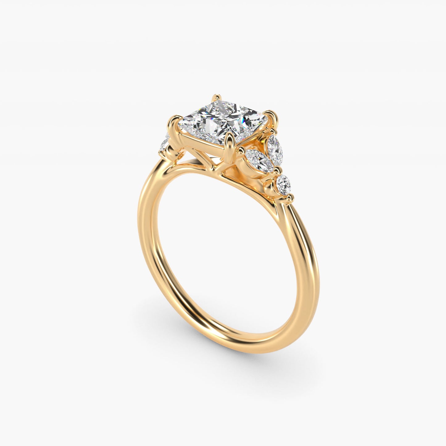 Floral Marquise Diamond Engagement Ring in 18k Yellow Gold - Princess Center