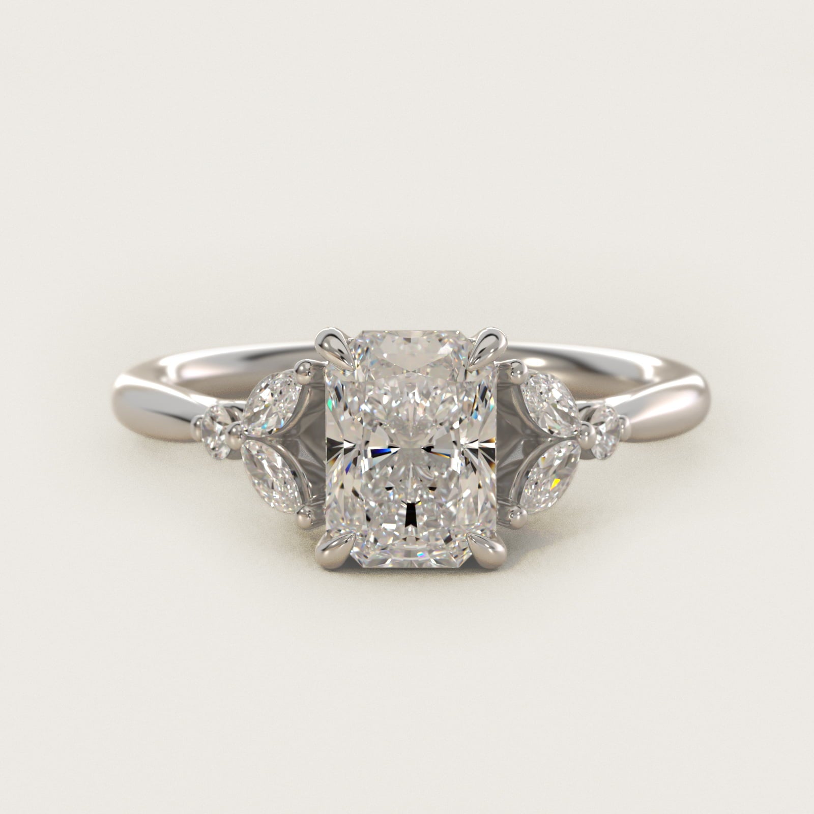 Floral Marquise Diamond Engagement Ring in 18k White Gold - Radiant Center
