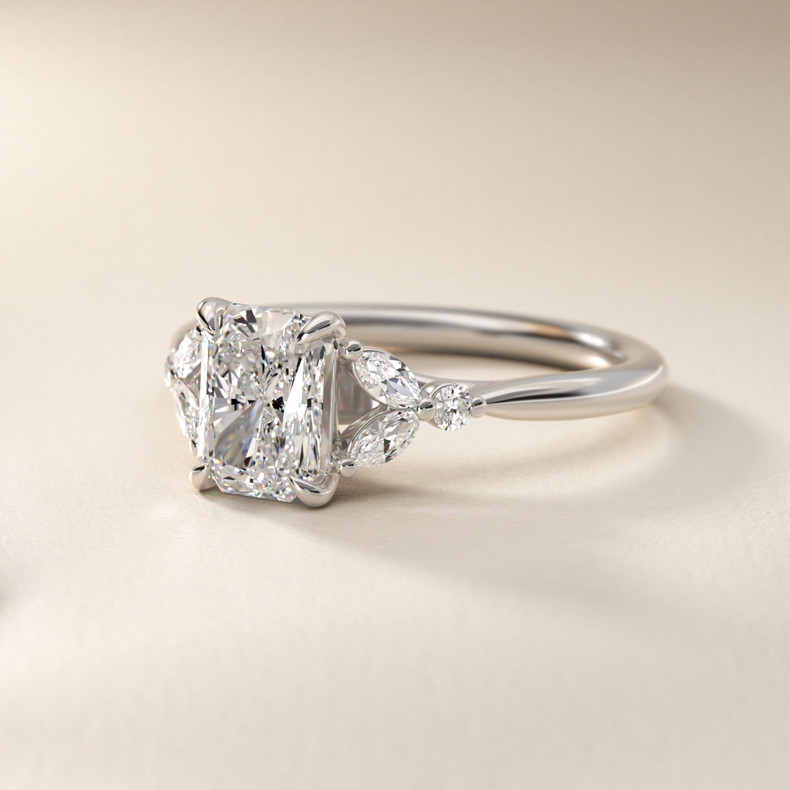 Floral Marquise Diamond Engagement Ring in 14k White Gold - Radiant Center