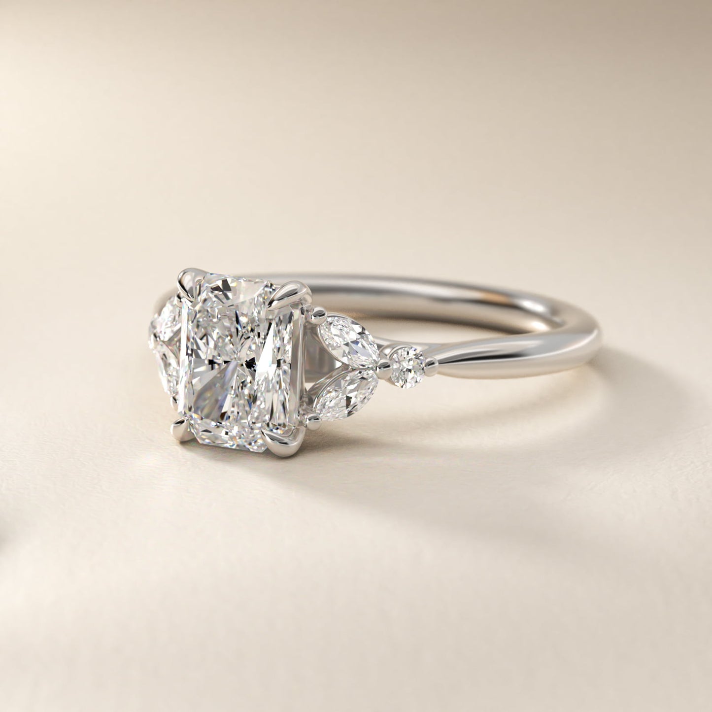 Floral Marquise Diamond Engagement Ring in 18k White Gold - Radiant Center