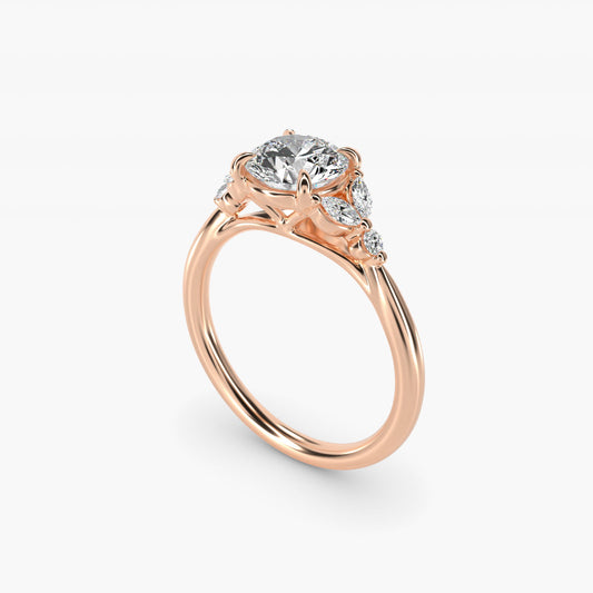 Floral Marquise Diamond Engagement Ring in 18k Rose Gold - Round Center