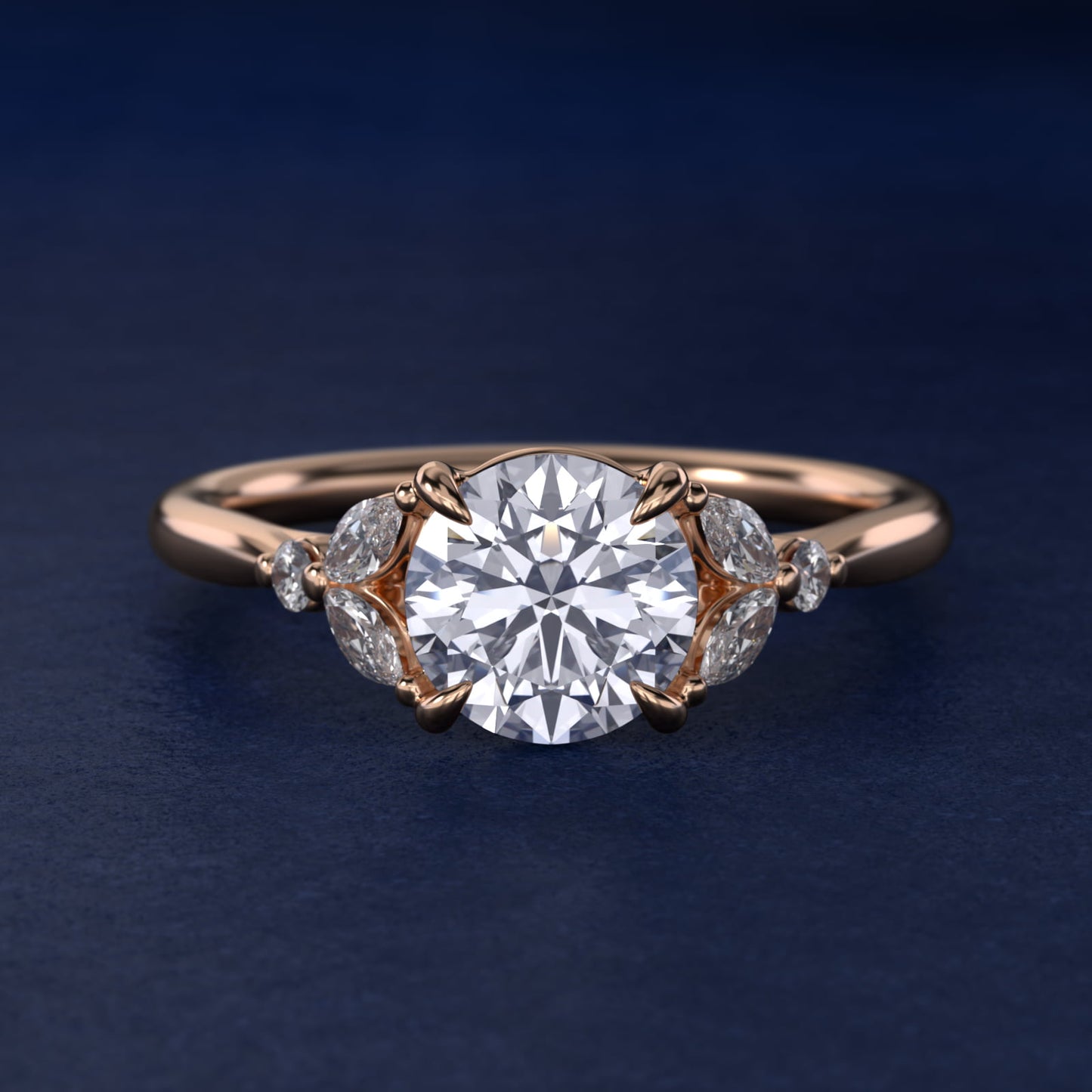 Floral Marquise Diamond Engagement Ring in 14k Rose Gold - Round Center