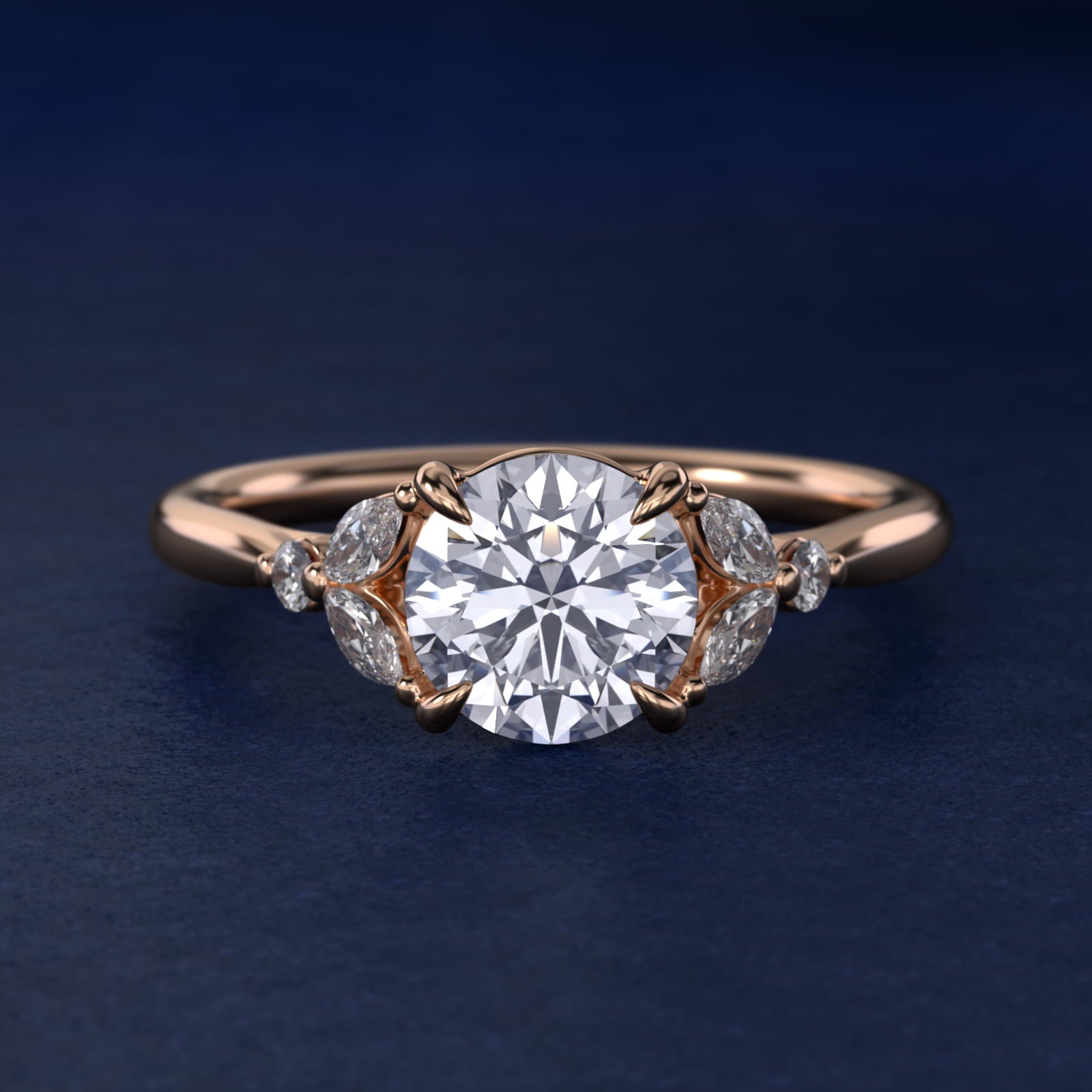 Floral Marquise Diamond Engagement Ring in 14k Rose Gold - Round Center