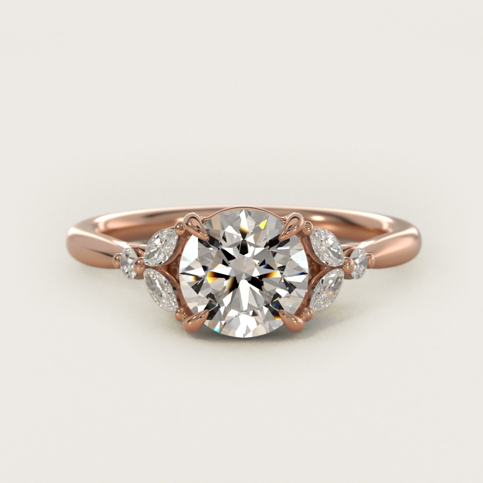 Floral Marquise Diamond Engagement Ring in 14k Rose Gold - Round Center