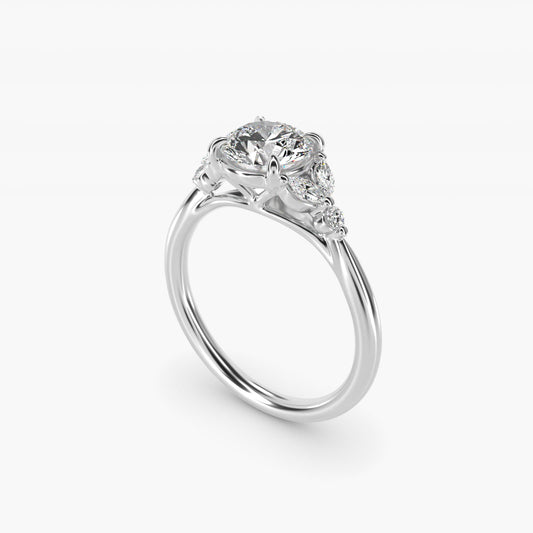 Floral Marquise Diamond Engagement Ring in 18k White Gold - Round Center