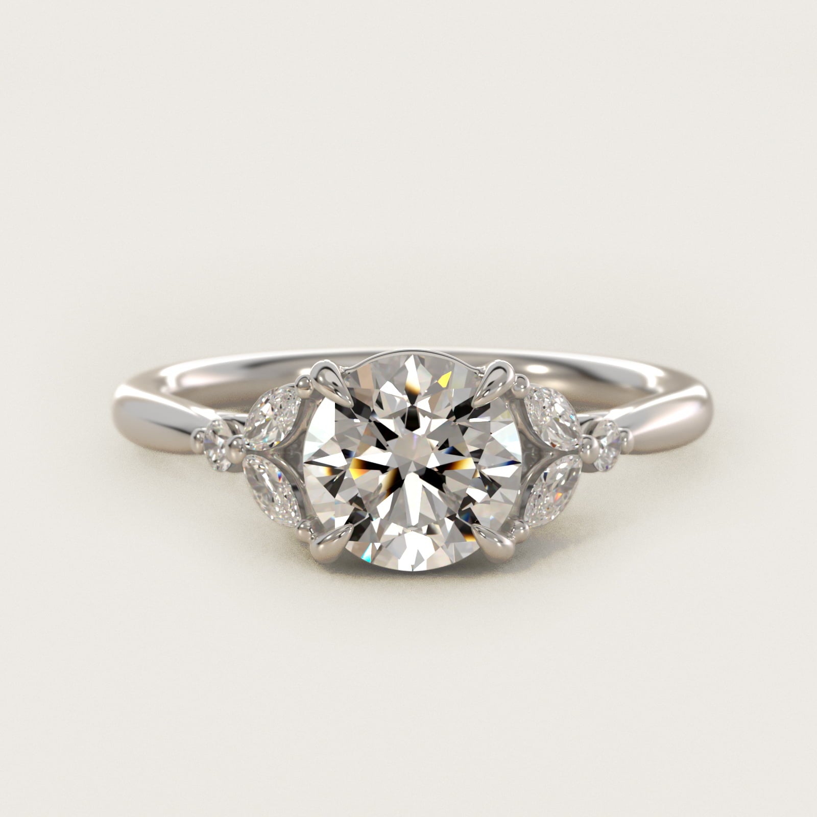 Floral Marquise Diamond Engagement Ring in 14k White Gold - Round Center