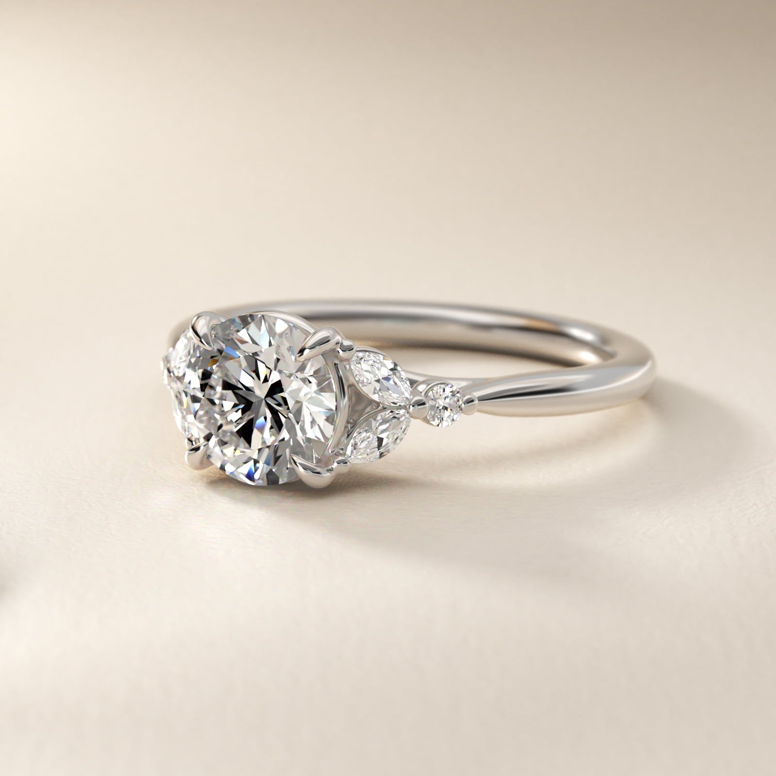 Floral Marquise Diamond Engagement Ring in 18k White Gold - Round Center