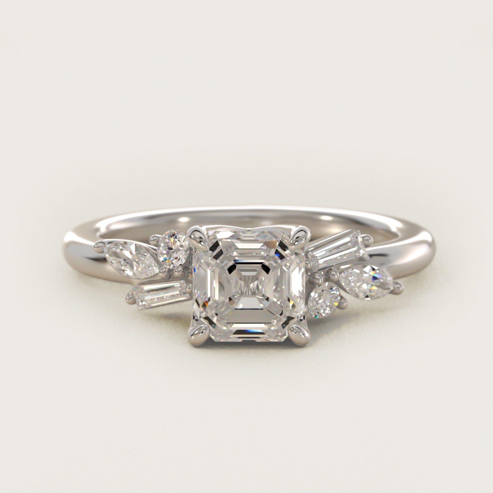 Floral Motif Diamond Accent Side Stone Engagement Ring In 18k White Gold By James Allen - Asscher Center