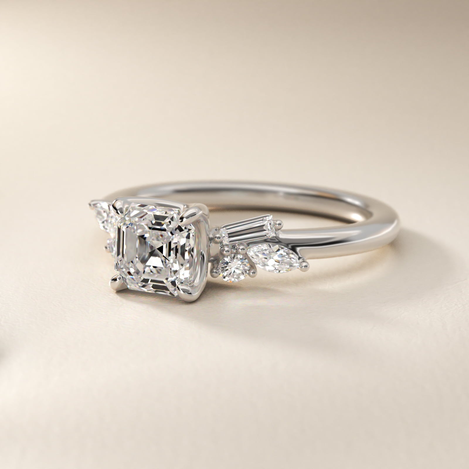 Floral Motif Diamond Accent Side Stone Engagement Ring In 18k White Gold By James Allen - Asscher Center