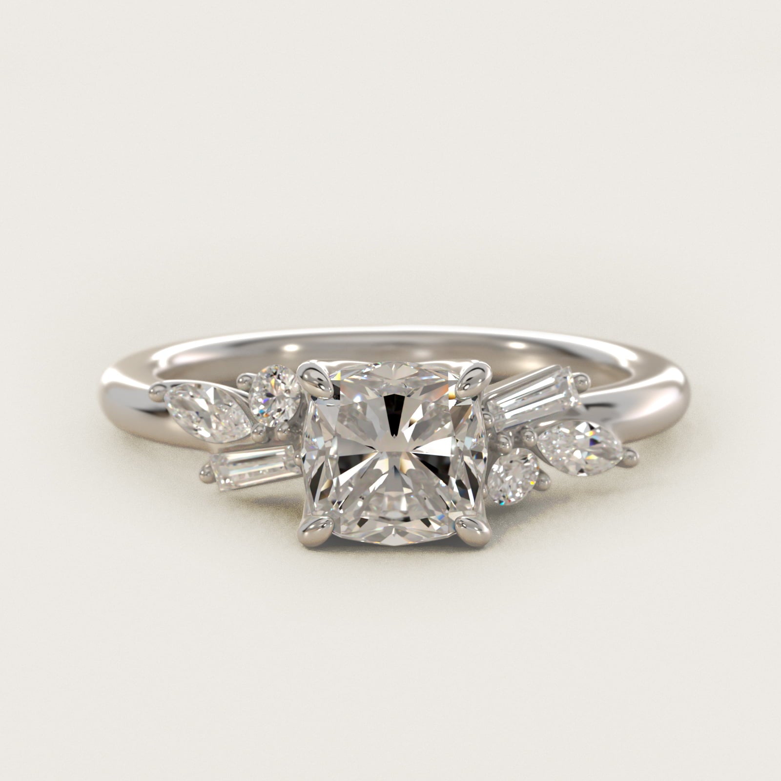 Floral Motif Diamond Accent Side Stone Engagement Ring In 18k White Gold By James Allen - Cushion Center