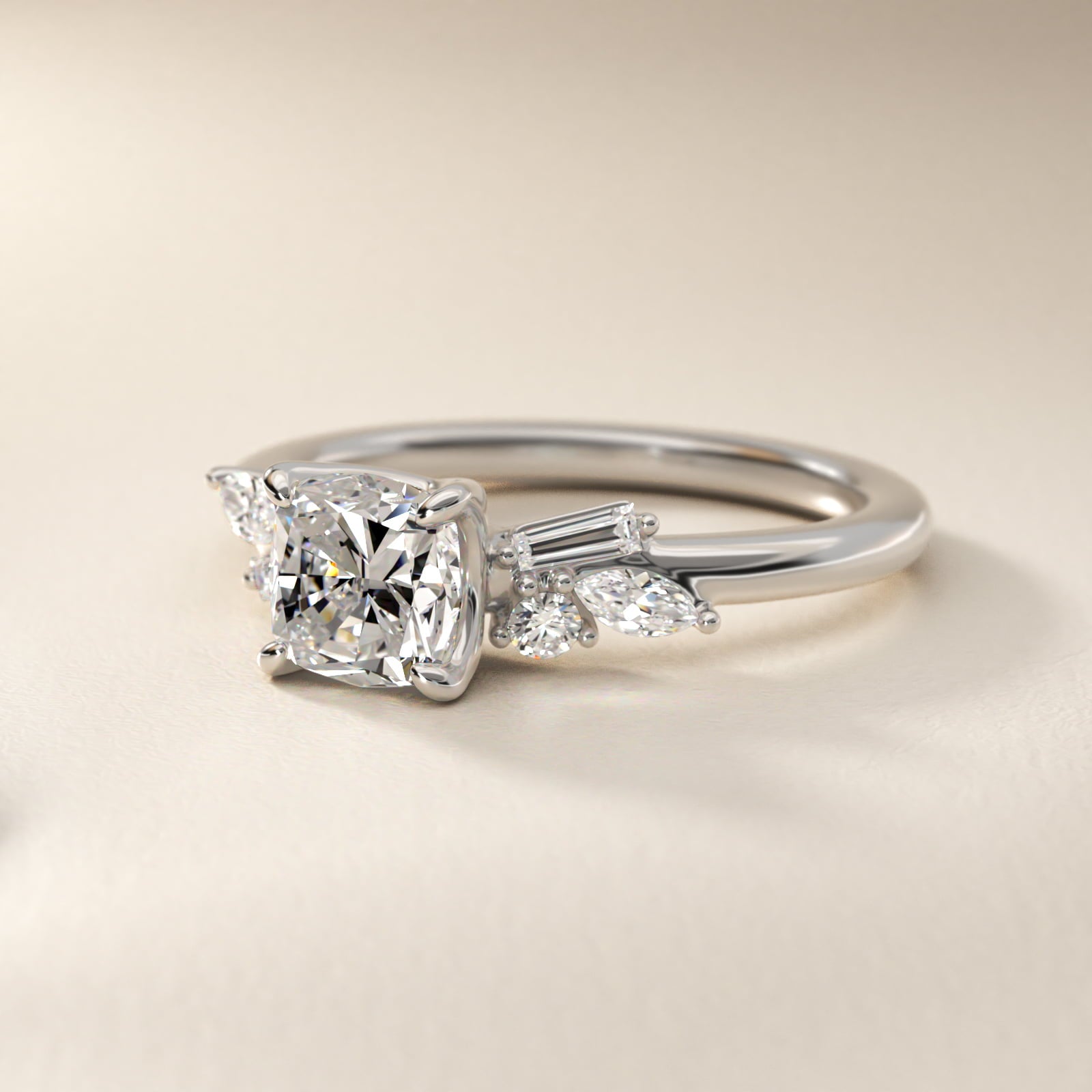 Floral Motif Diamond Accent Side Stone Engagement Ring In 14K White Gold By James Allen - Cushion Center
