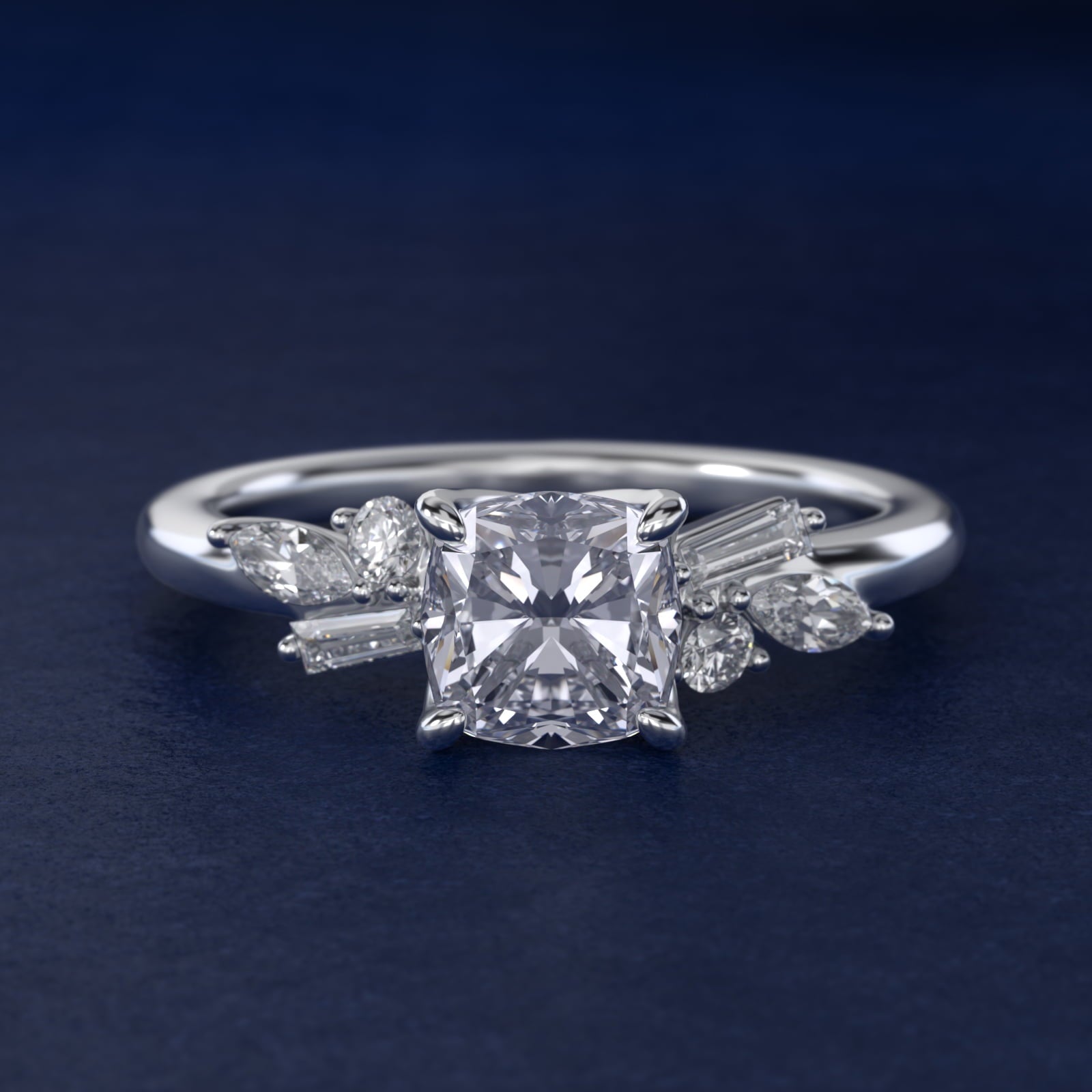 Floral Motif Diamond Accent Side Stone Engagement Ring In Platinum By James Allen - Cushion Center
