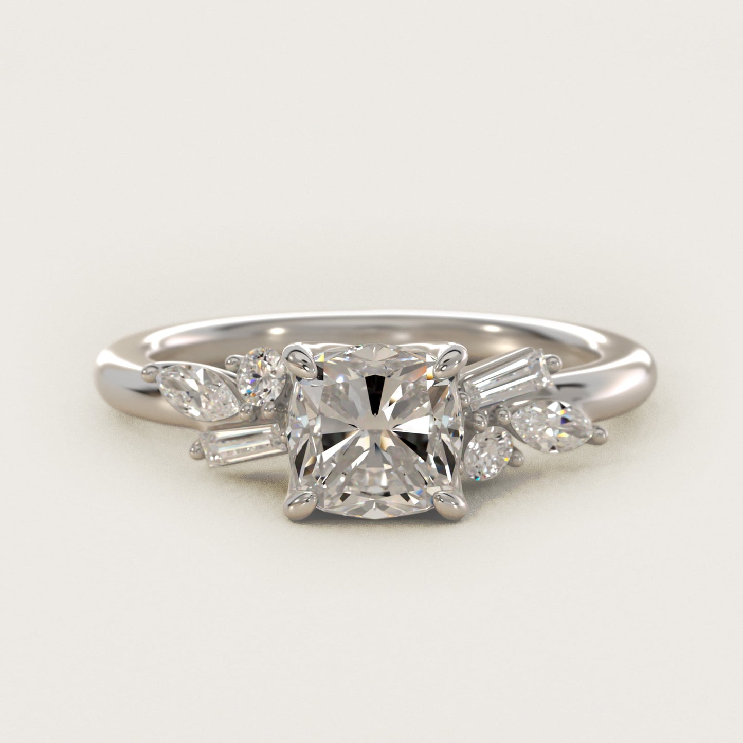 Floral Motif Diamond Accent Side Stone Engagement Ring In Platinum By James Allen - Cushion Center