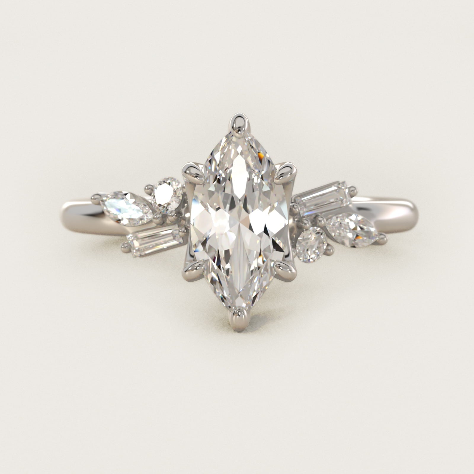 Floral Motif Diamond Accent Side Stone Engagement Ring In 14K White Gold By James Allen - Marquise Center