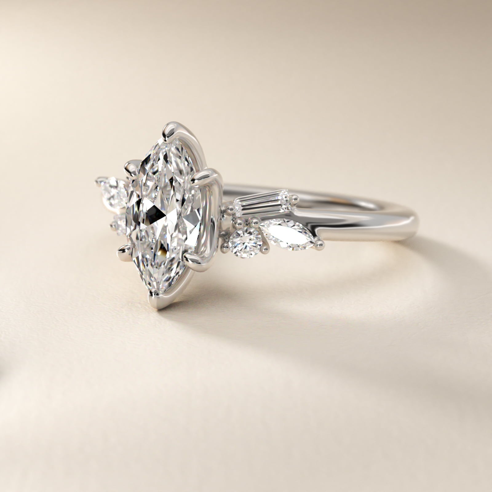Floral Motif Diamond Accent Side Stone Engagement Ring In 18k White Gold By James Allen - Marquise Center
