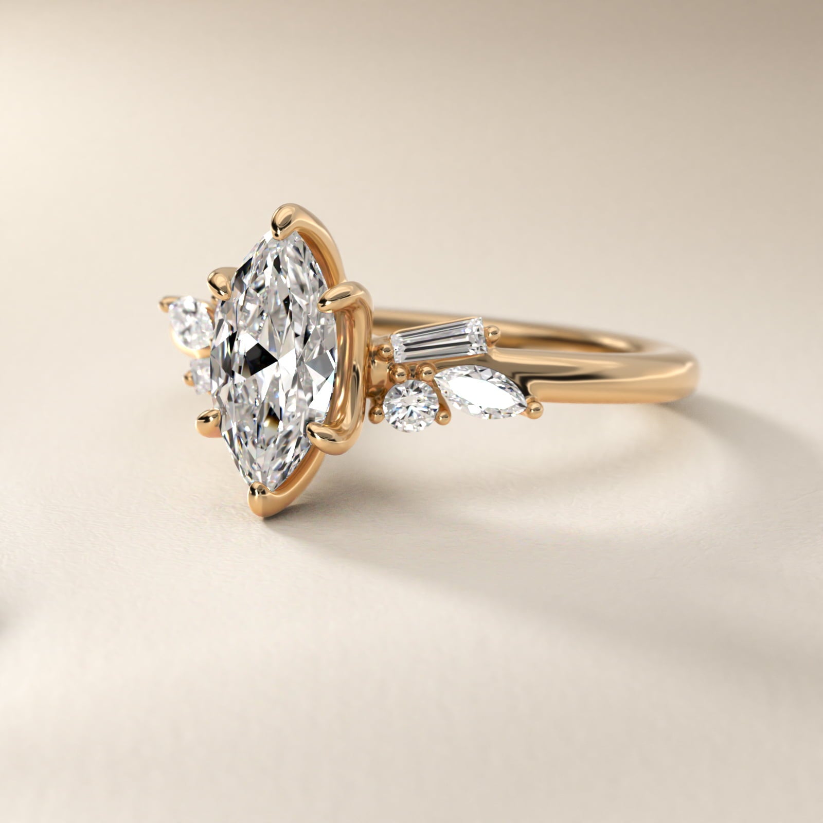 Floral Motif Diamond Accent Side Stone Engagement Ring In 14K Yellow Gold By James Allen - Marquise Center