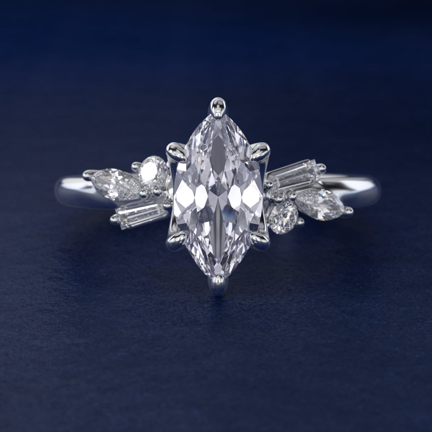 Floral Motif Diamond Accent Side Stone Engagement Ring In Platinum By James Allen - Marquise Center