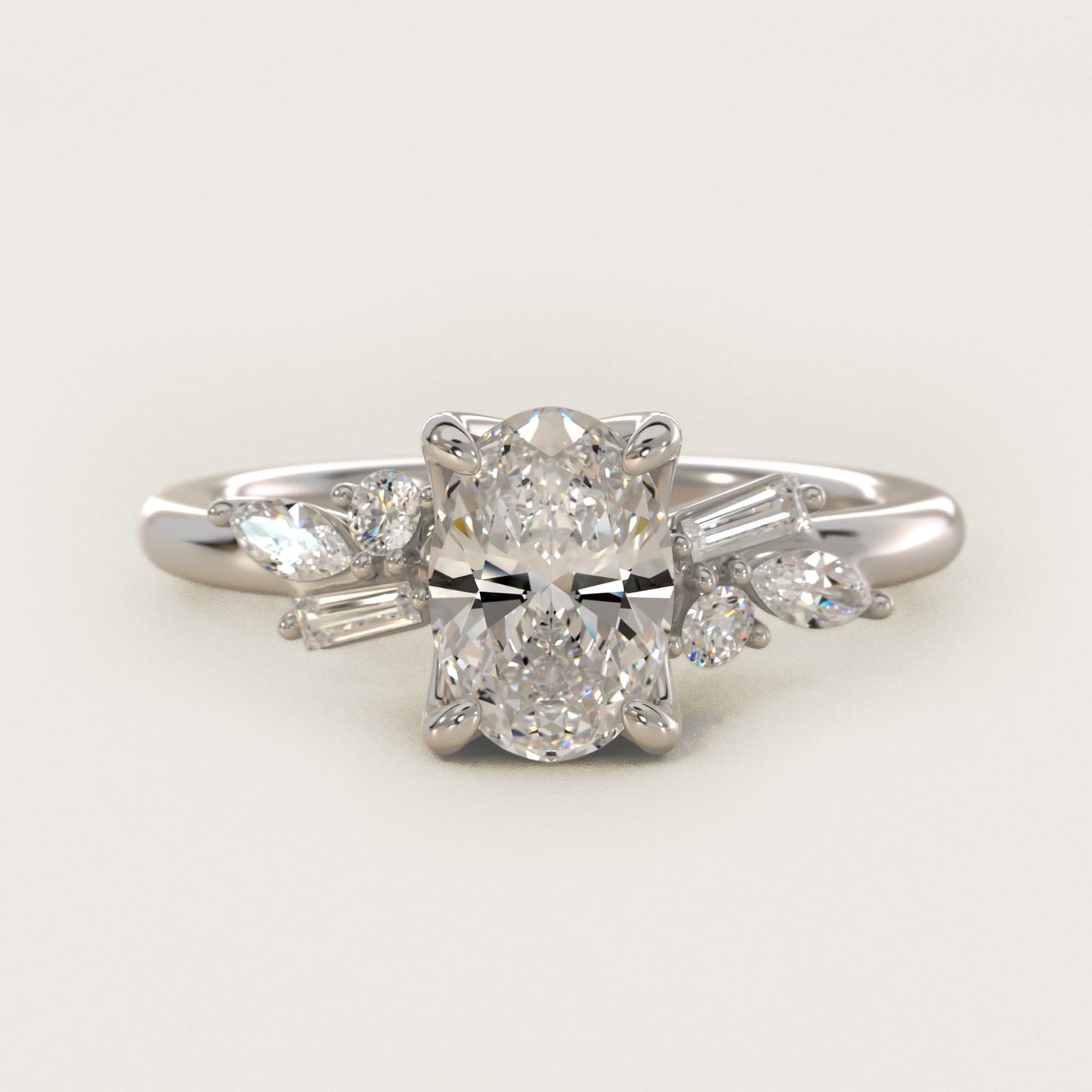 Floral Motif Diamond Accent Side Stone Engagement Ring In 14K White Gold By James Allen - Oval Center