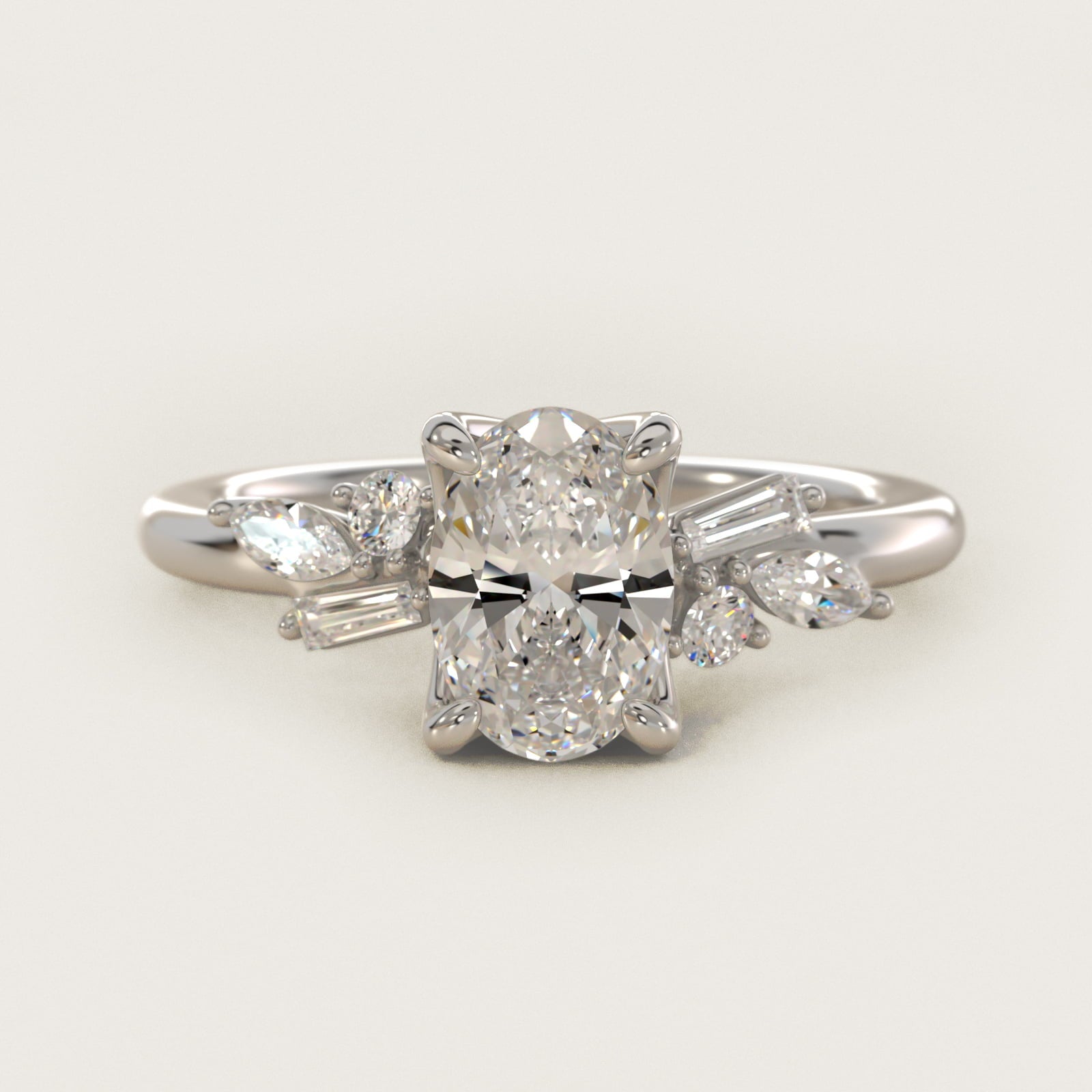 Floral Motif Diamond Accent Side Stone Engagement Ring In 14K White Gold By James Allen - Oval Center
