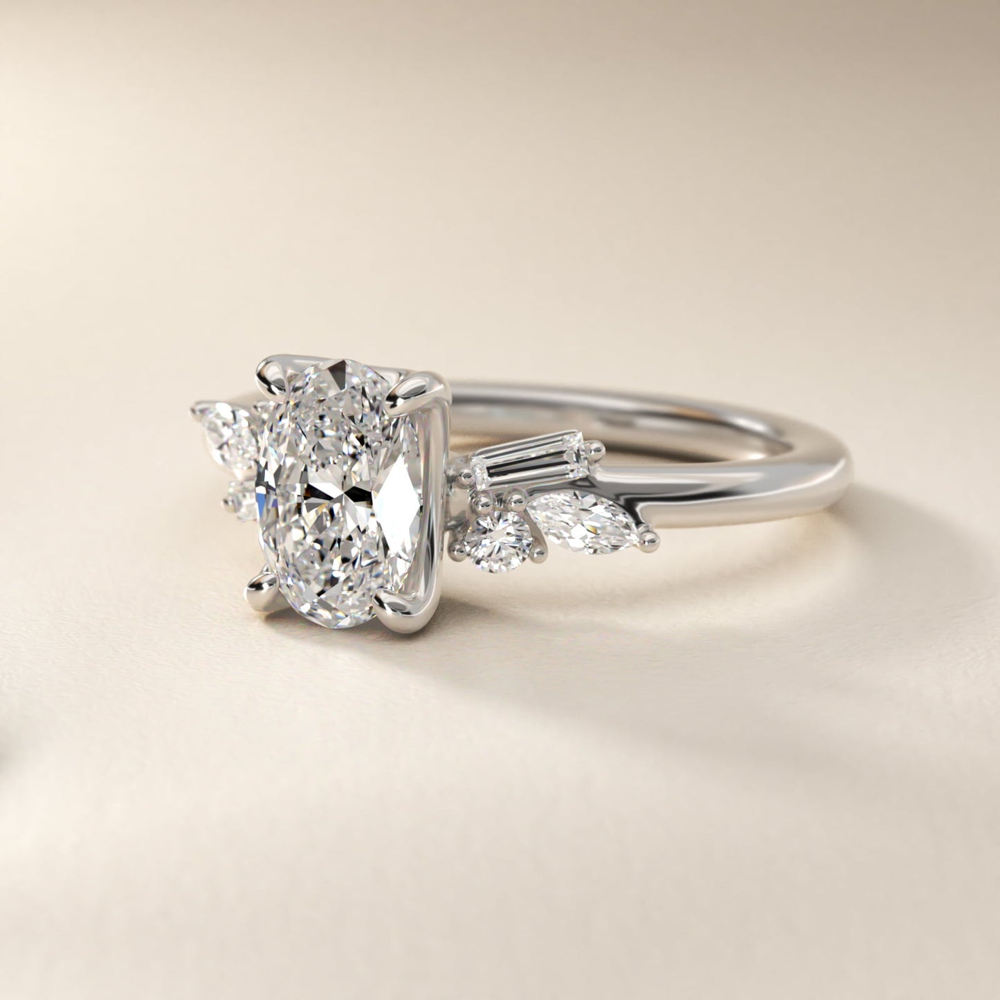 Floral Motif Diamond Accent Side Stone Engagement Ring In 14K White Gold By James Allen - Oval Center