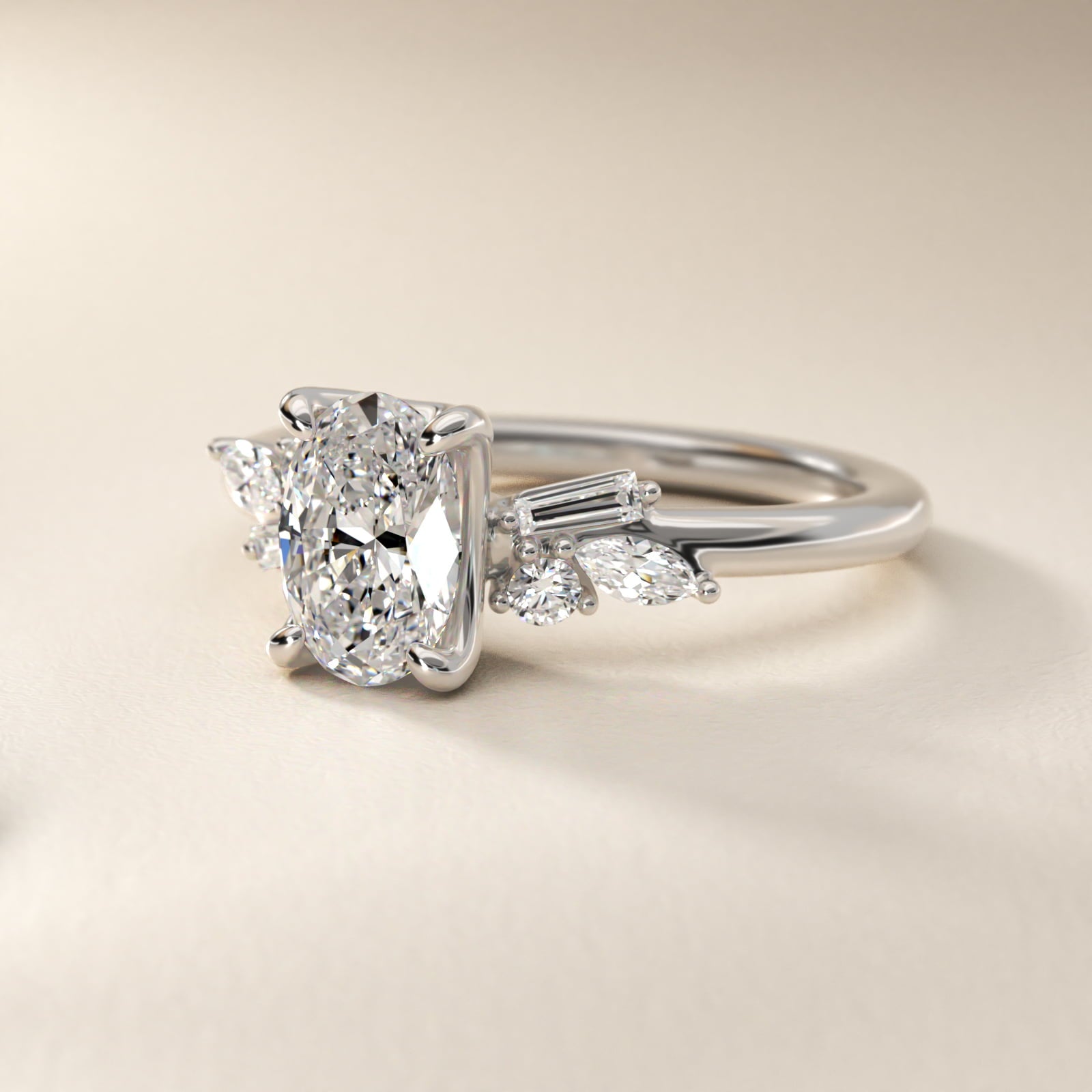 Floral Motif Diamond Accent Side Stone Engagement Ring In 18k White Gold By James Allen - Oval Center