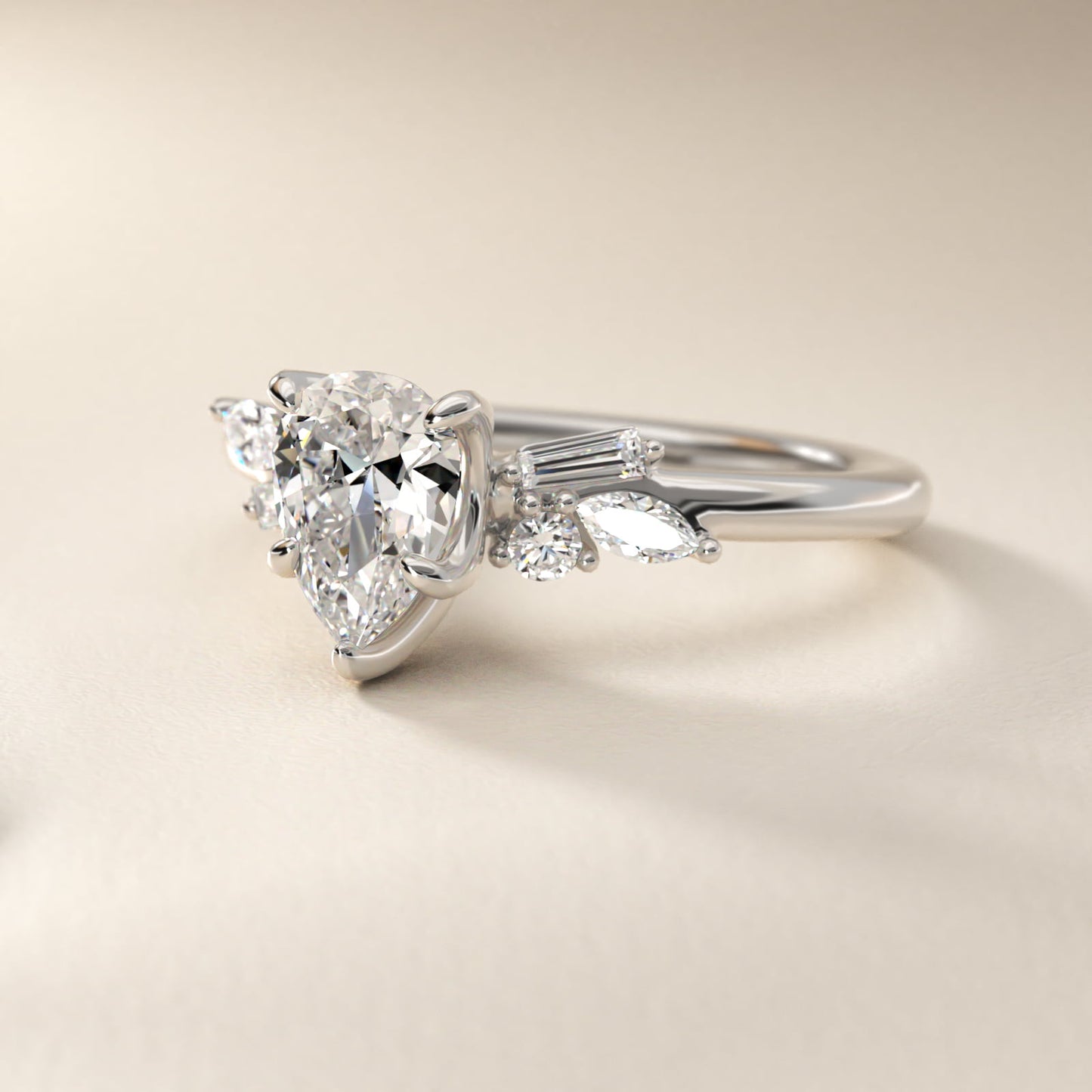 Floral Motif Diamond Accent Side Stone Engagement Ring In 14K White Gold By James Allen - Pear Center