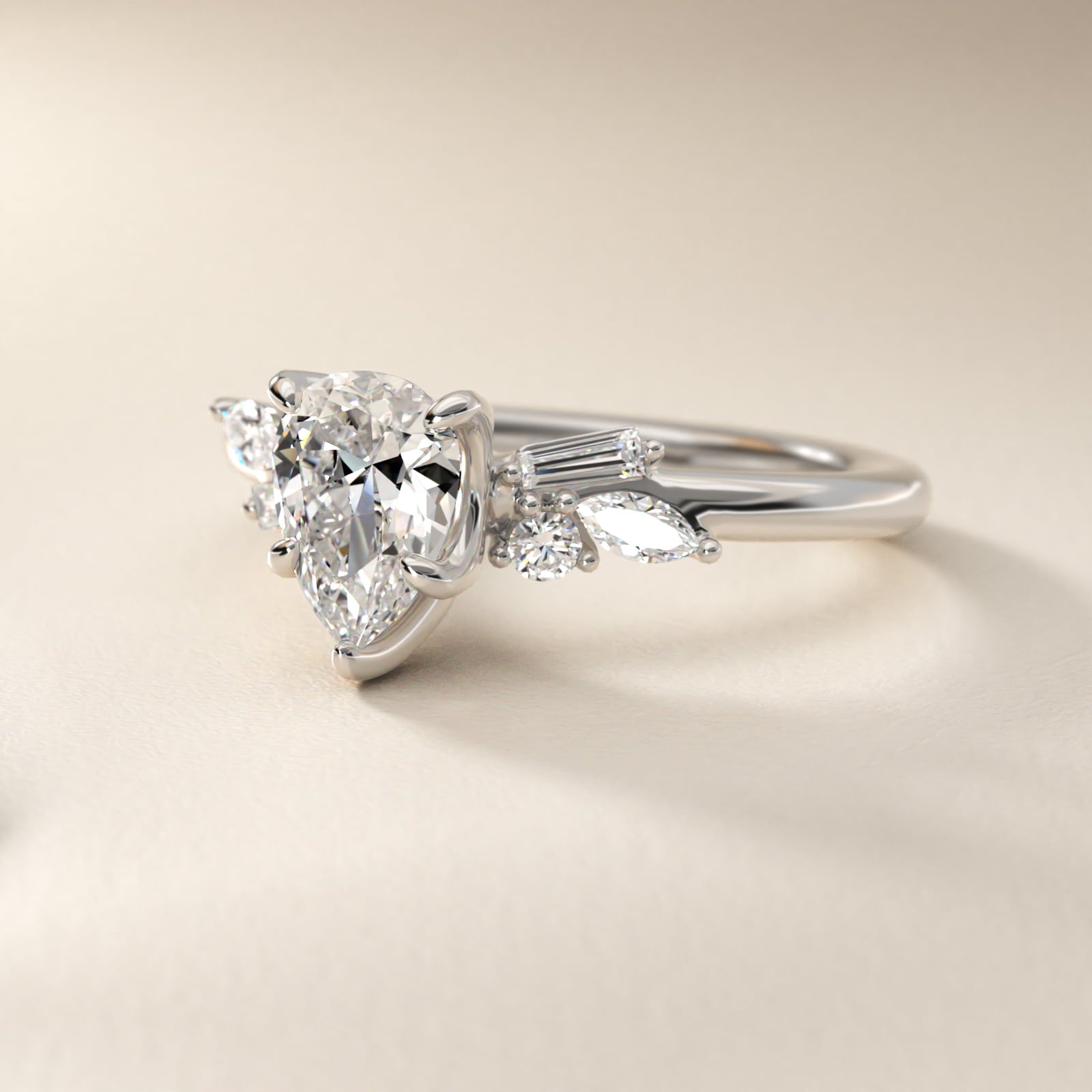 Floral Motif Diamond Accent Side Stone Engagement Ring In 18k White Gold By James Allen - Pear Center