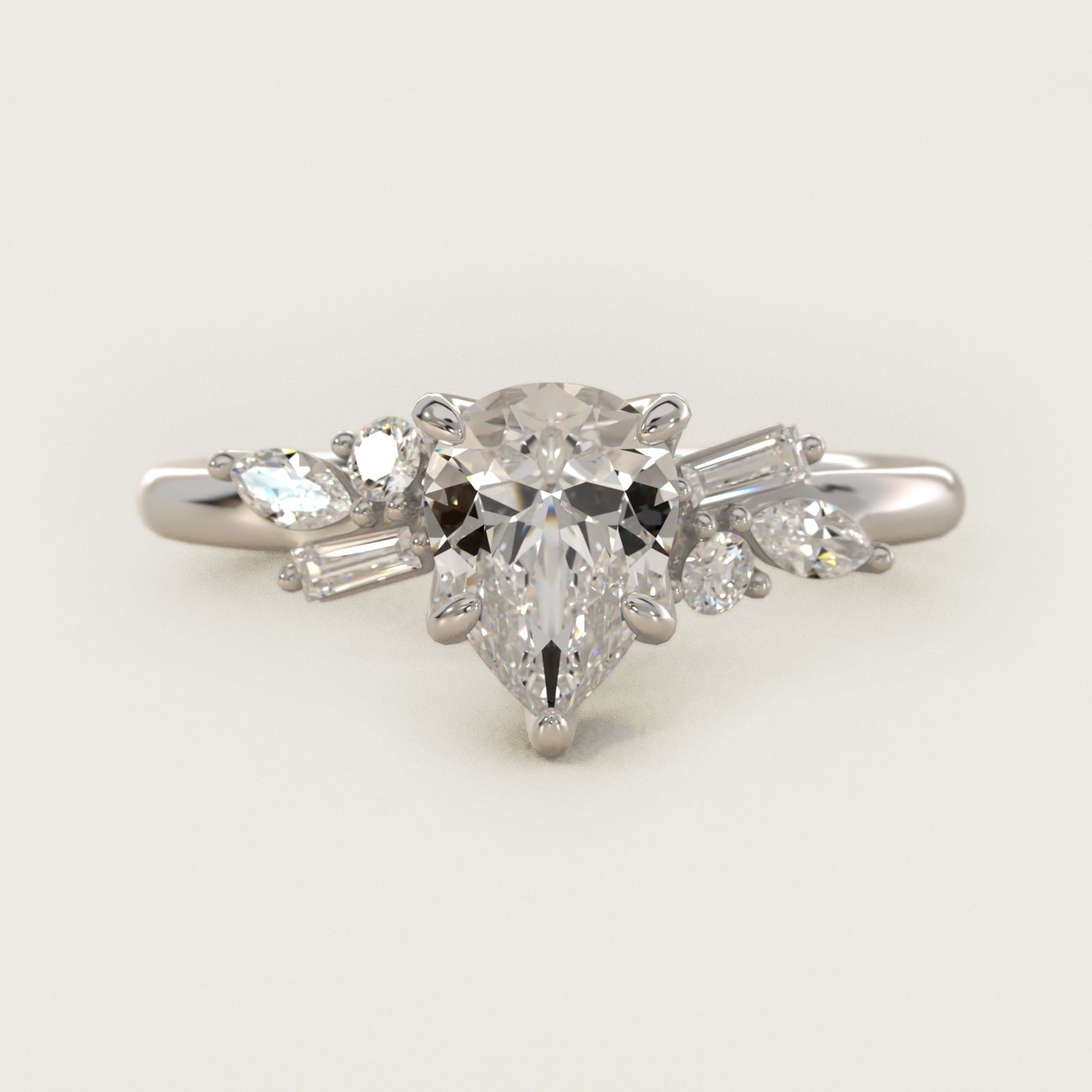 Floral Motif Diamond Accent Side Stone Engagement Ring In Platinum By James Allen - Pear Center