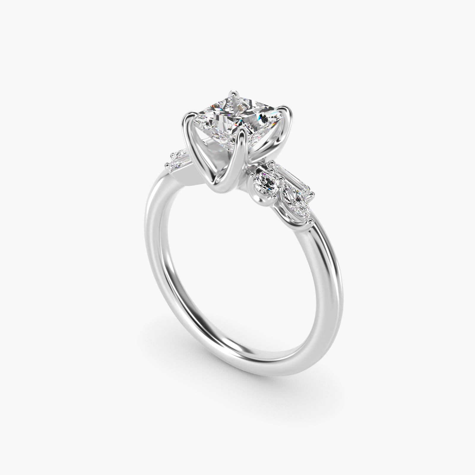 Floral Motif Diamond Accent Side Stone Engagement Ring In 18k White Gold By James Allen - Princess Center