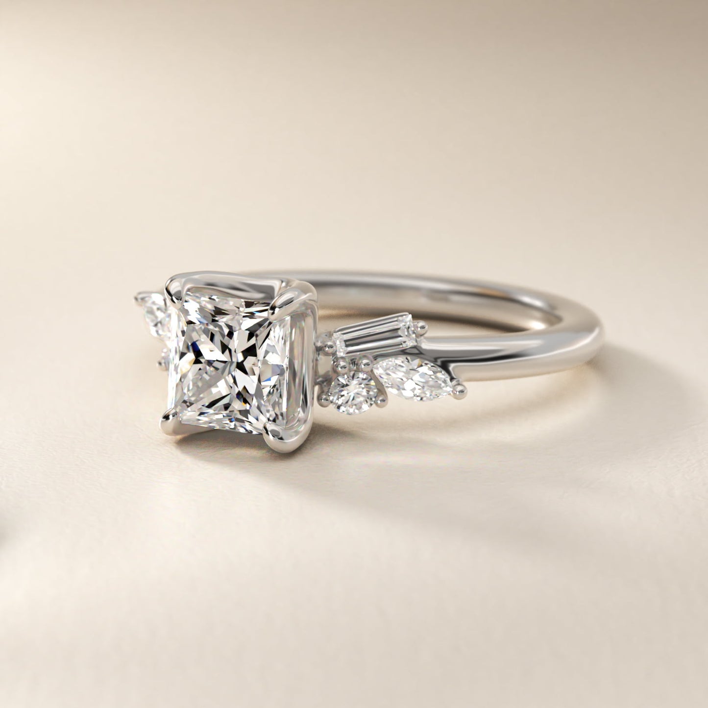 Floral Motif Diamond Accent Side Stone Engagement Ring In 14K White Gold By James Allen - Princess Center