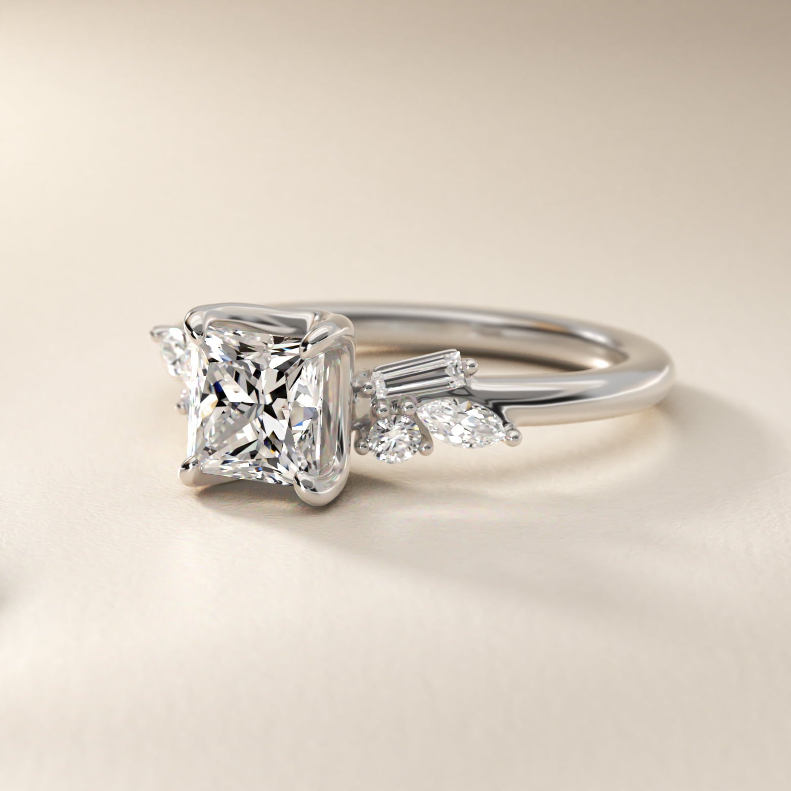 Floral Motif Diamond Accent Side Stone Engagement Ring In 14K White Gold By James Allen - Princess Center