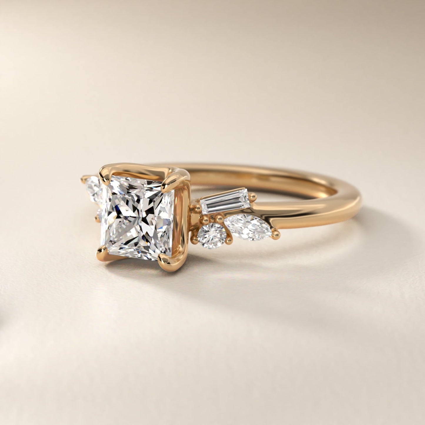 Floral Motif Diamond Accent Side Stone Engagement Ring In 14K Yellow Gold By James Allen - Princess Center