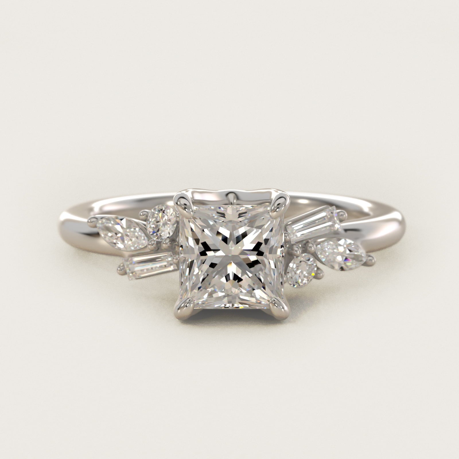 Floral Motif Diamond Accent Side Stone Engagement Ring In Platinum By James Allen - Princess Center