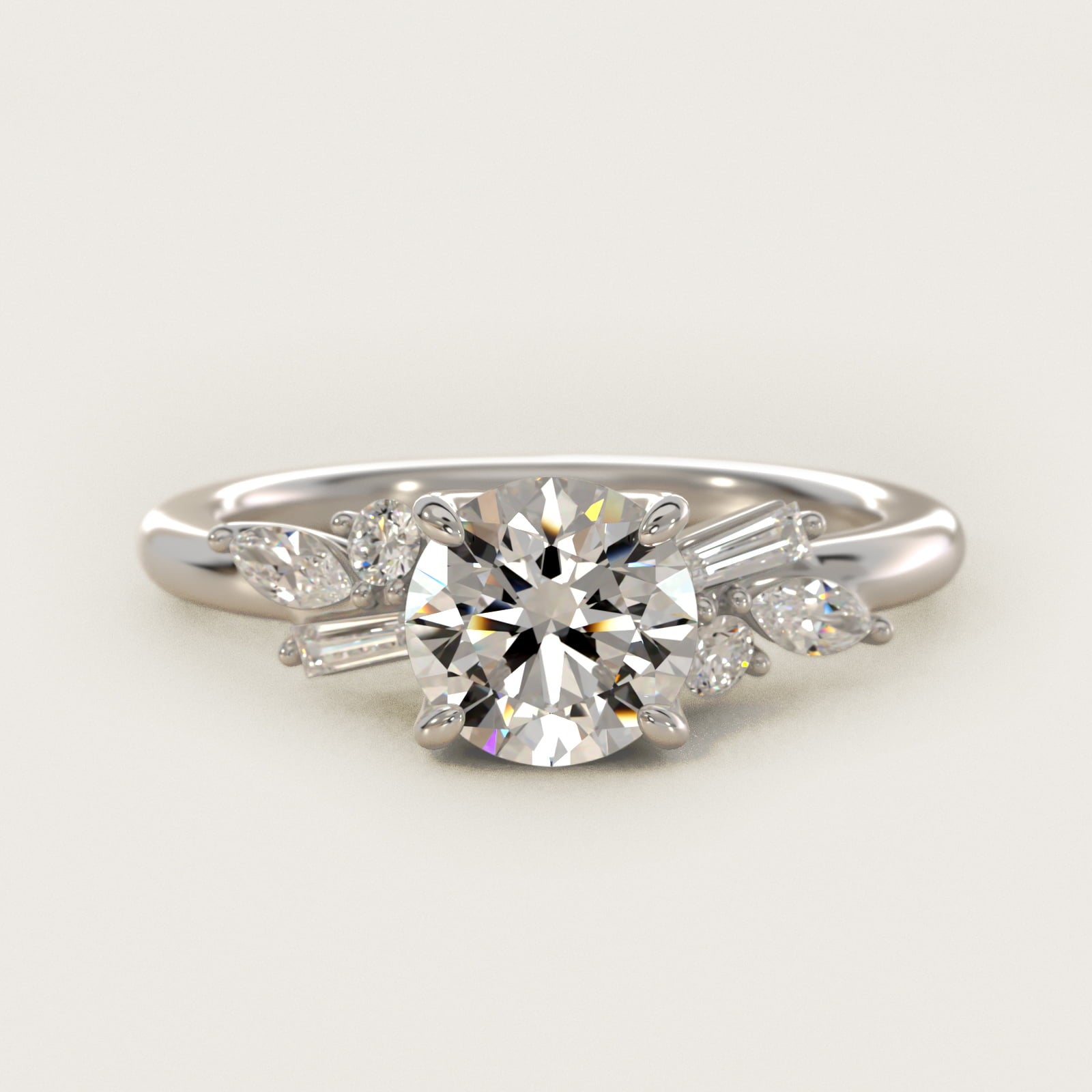 Floral Motif Diamond Accent Side Stone Engagement Ring In 14K White Gold By James Allen - Round Center