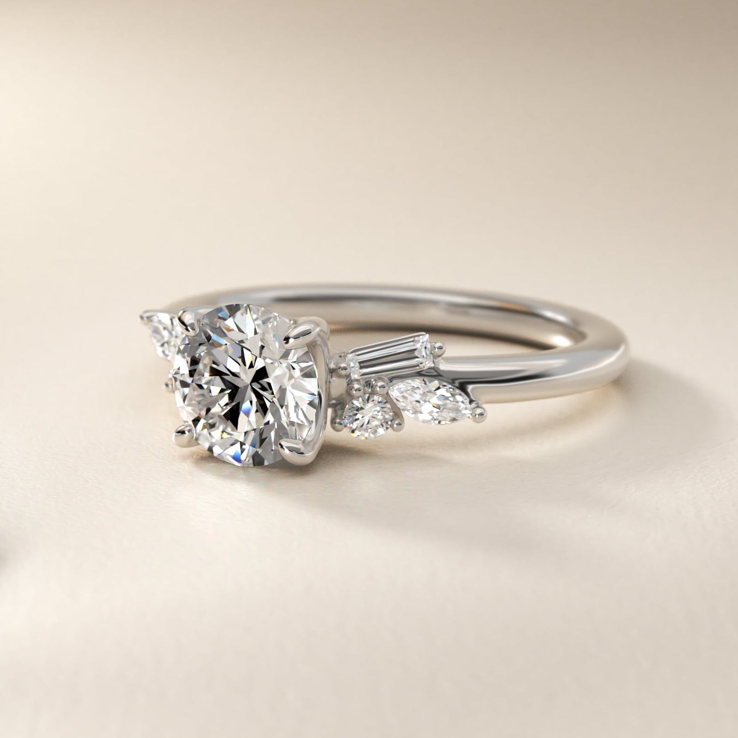 Floral Motif Diamond Accent Side Stone Engagement Ring In 14K White Gold By James Allen - Round Center