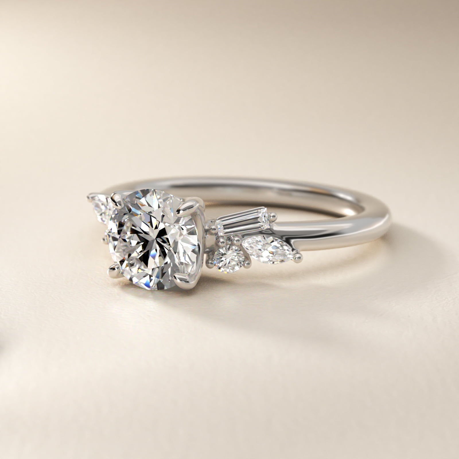 Floral Motif Diamond Accent Side Stone Engagement Ring In 14K White Gold By James Allen - Round Center