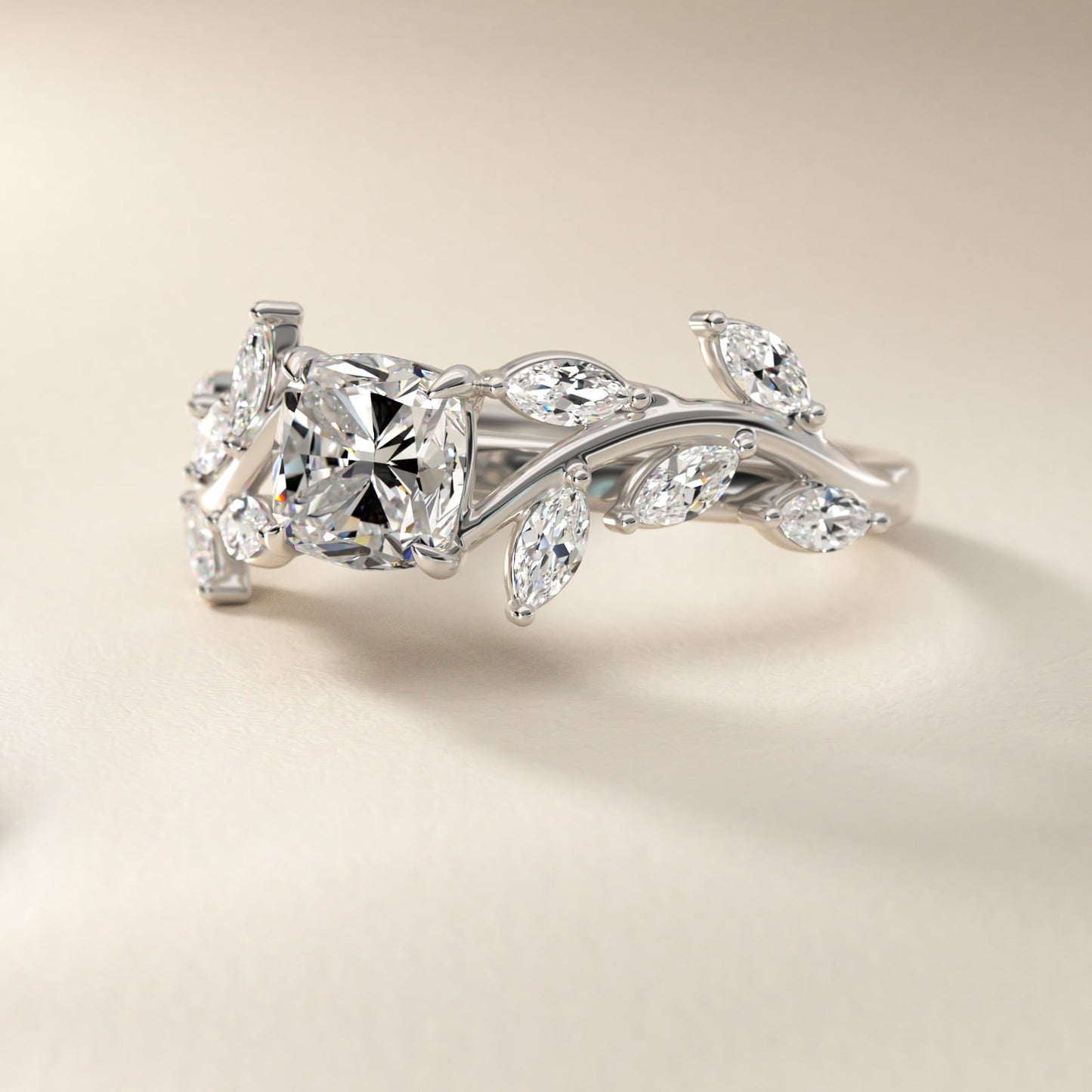 Floral Side Stone Diamond Engagement Ring In Platinum By James Allen - Cushion Center