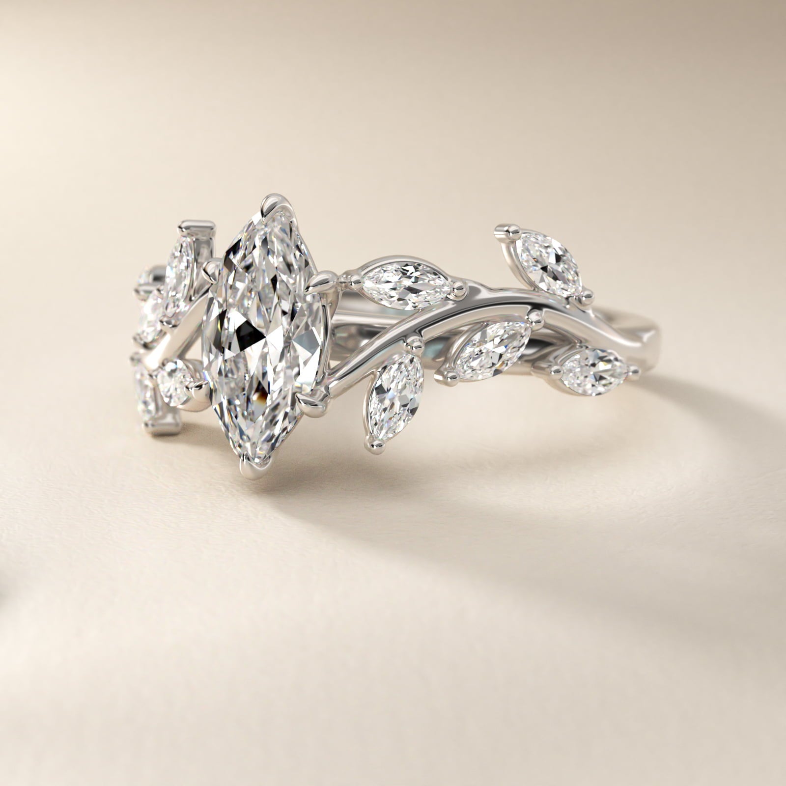 Floral Side Stone Diamond Engagement Ring In Platinum By James Allen - Marquise Center