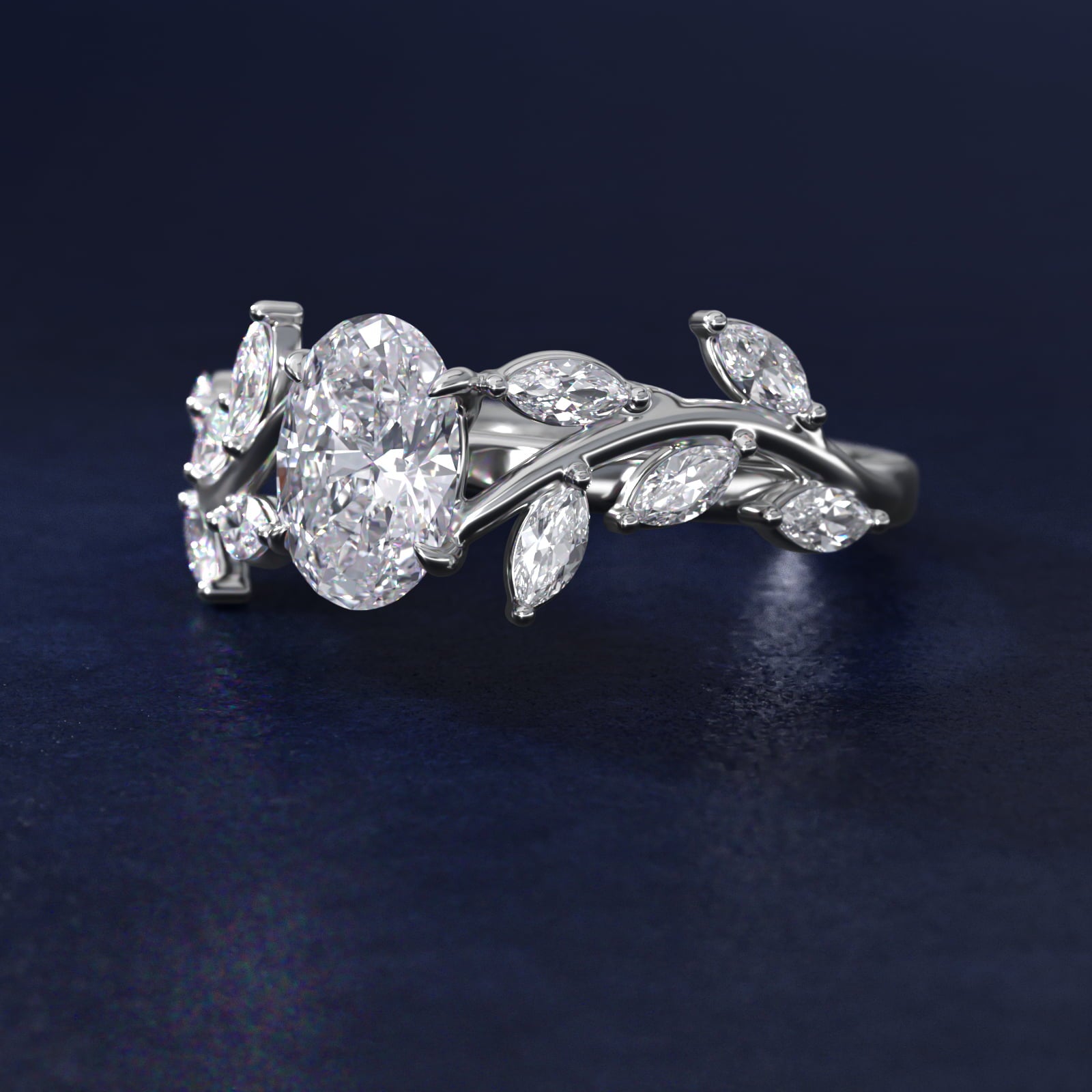 Floral Side Stone Diamond Engagement Ring In 18k White Gold By James Allen - Oval Center
