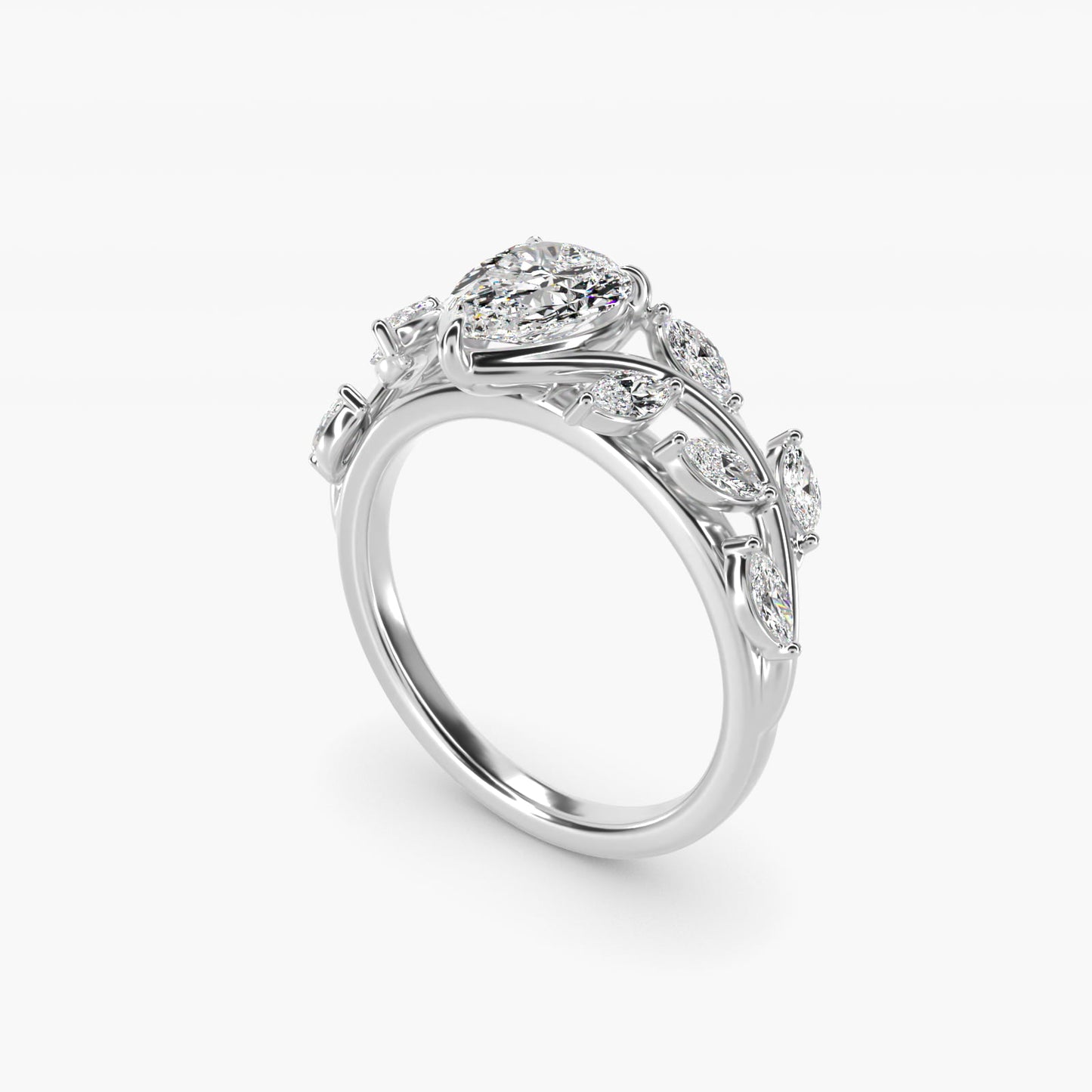 Floral Side Stone Diamond Engagement Ring In 18k White Gold By James Allen - Pear Center
