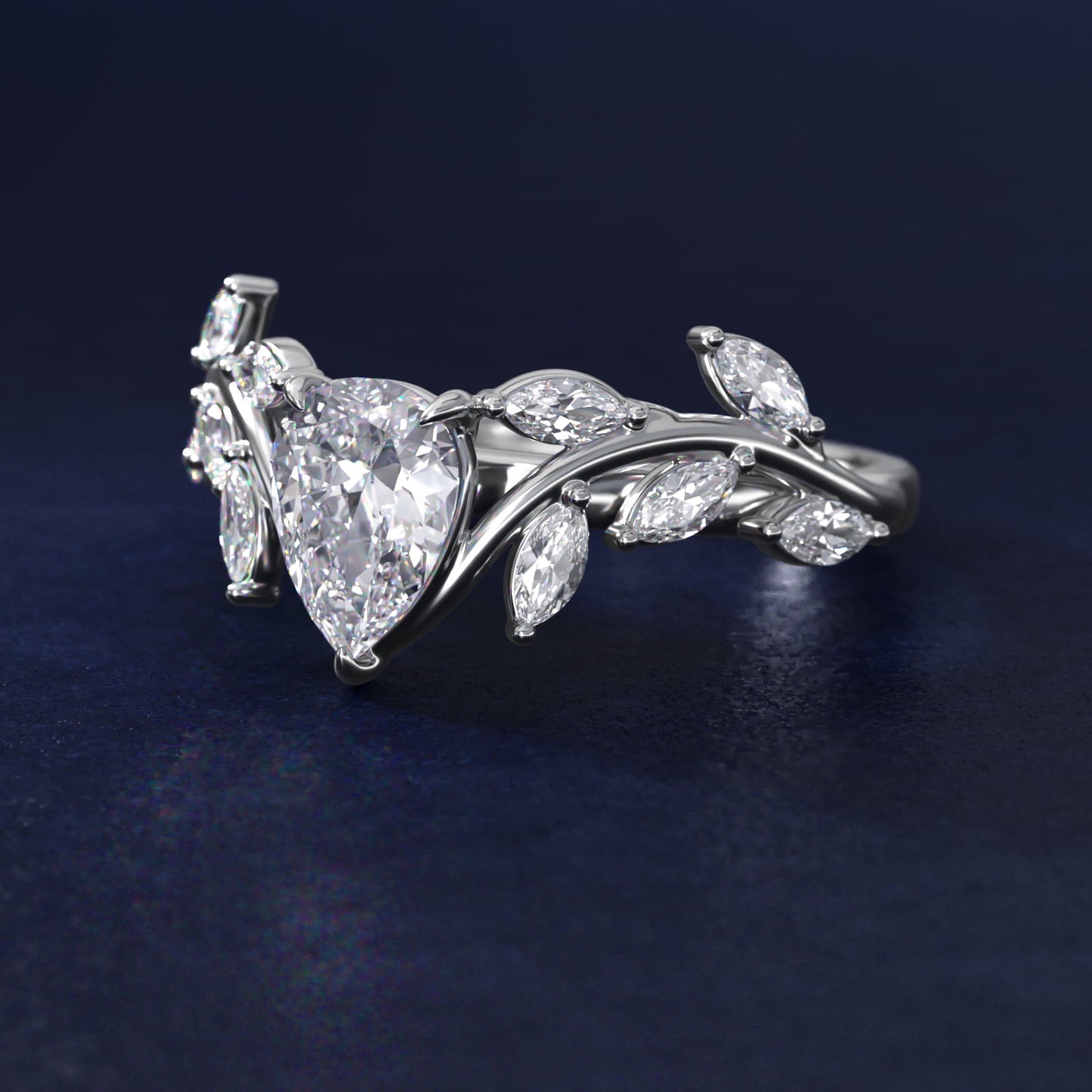 Floral Side Stone Diamond Engagement Ring In 14K White Gold By James Allen - Pear Center