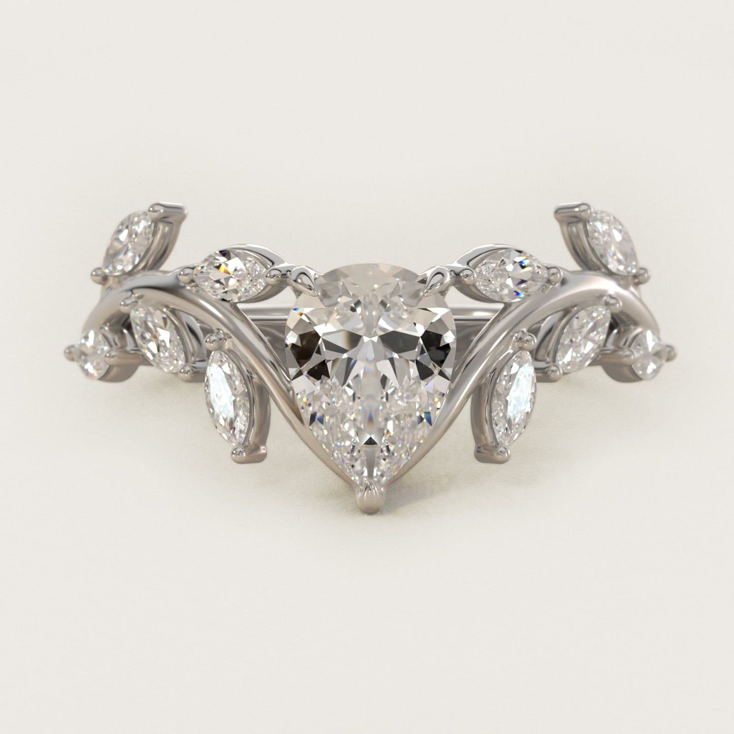 Floral Side Stone Diamond Engagement Ring In 18k White Gold By James Allen - Pear Center