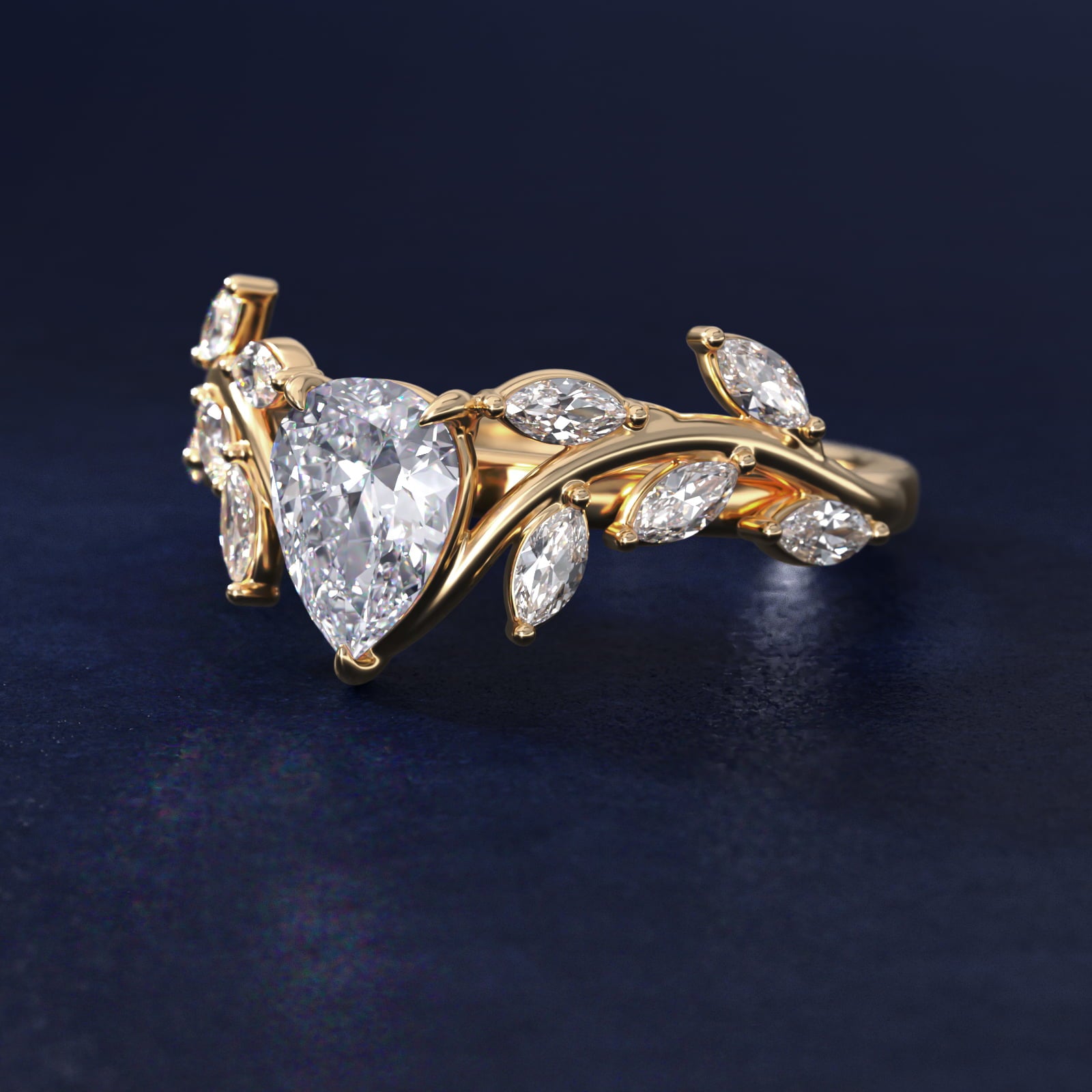 Floral Side Stone Diamond Engagement Ring In 18k Yellow Gold By James Allen - Pear Center